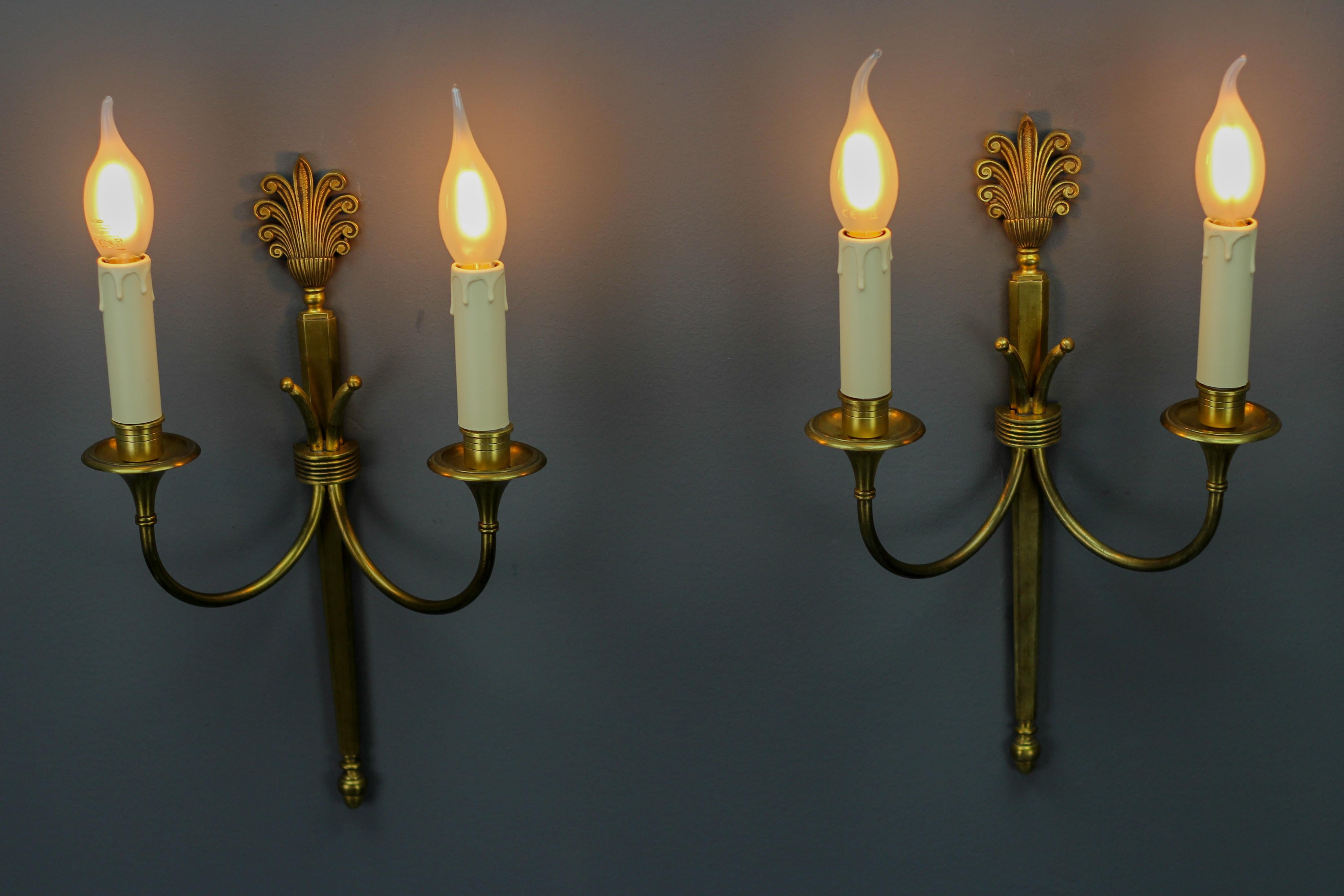 Pair of French Art Deco Brass Twin Arm Sconces, ca 1930 For Sale 2