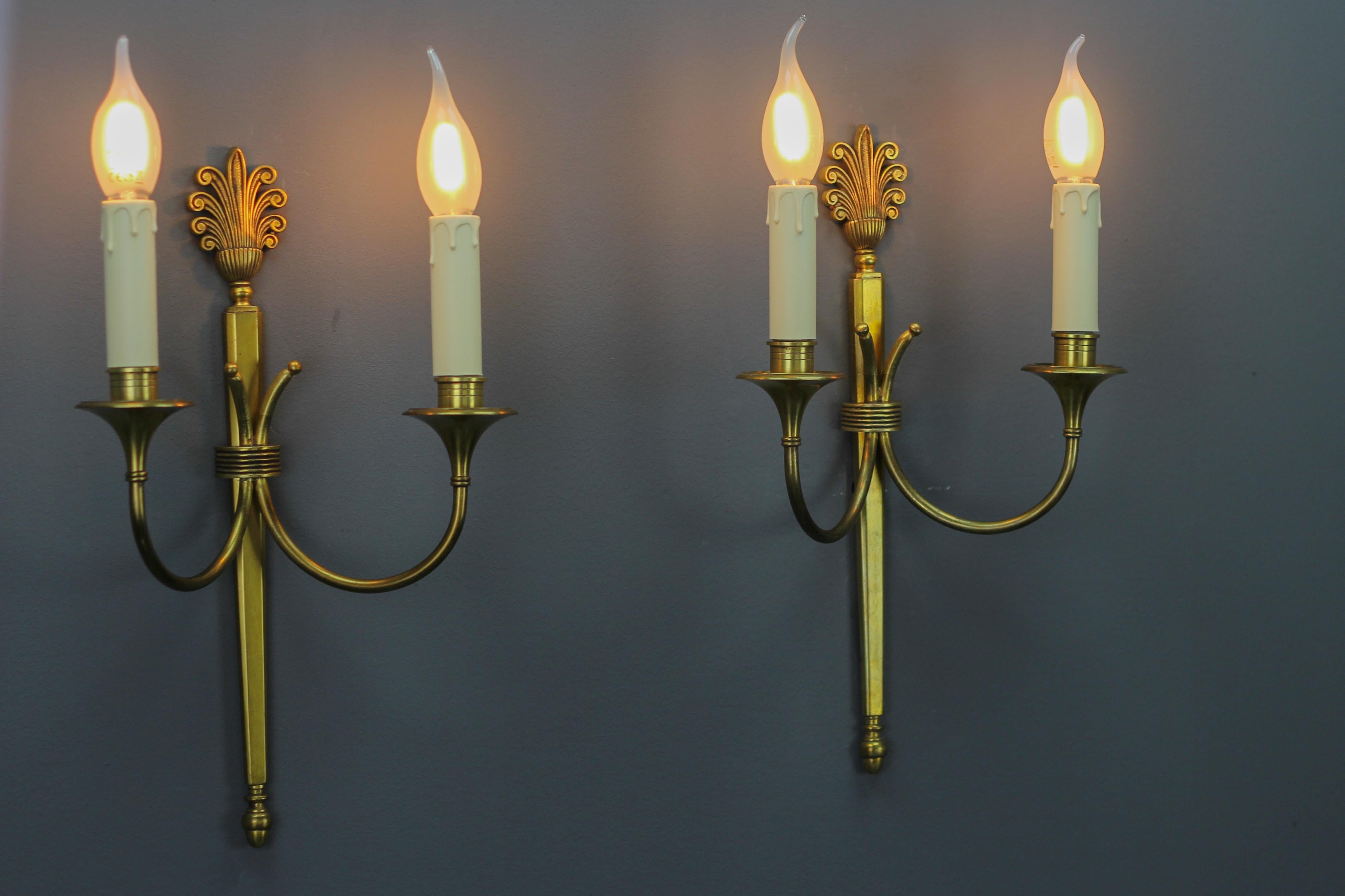Pair of French Art Deco Brass Twin Arm Sconces, ca 1930 For Sale 3