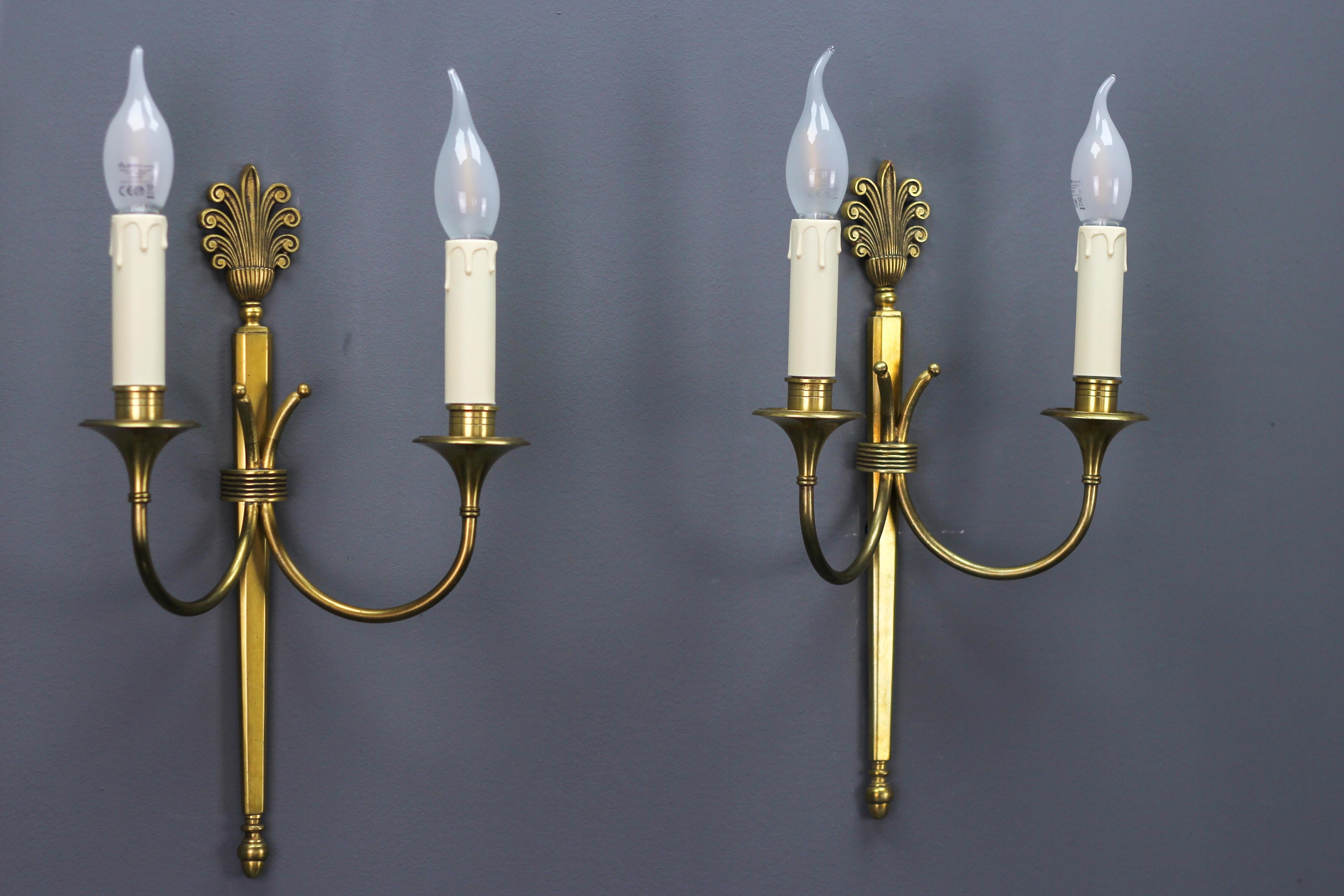 Pair of French Art Deco Brass Twin Arm Sconces, ca 1930 For Sale 4