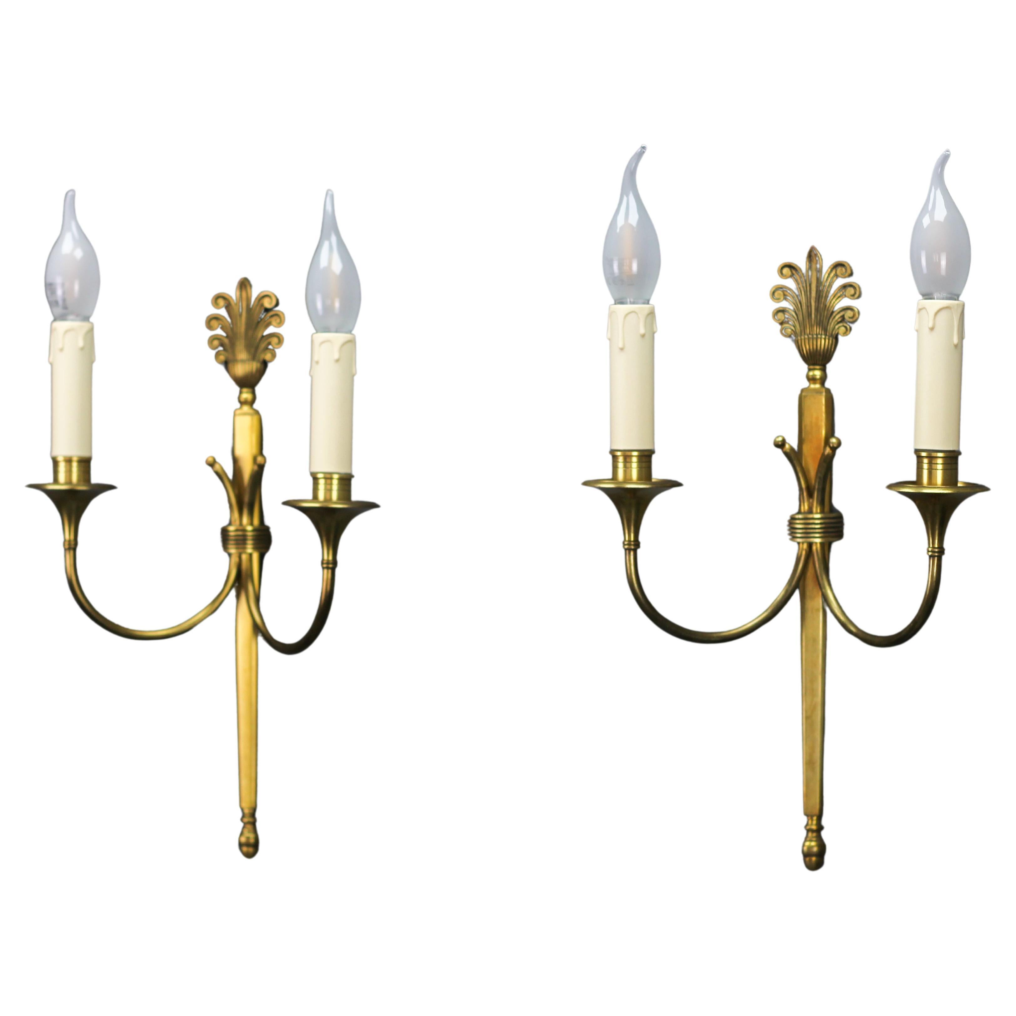 Pair of French Art Deco Brass Twin Arm Sconces, ca 1930 For Sale