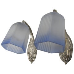 Pair of French Art Deco Bronze and White and Blue Frosted Glass Wall Sconces