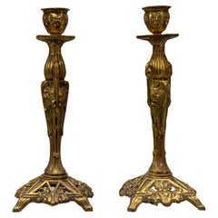 Coppia di candelieri in bronzo Art Déco francese con cicogne di Marabù, anni '30 circa