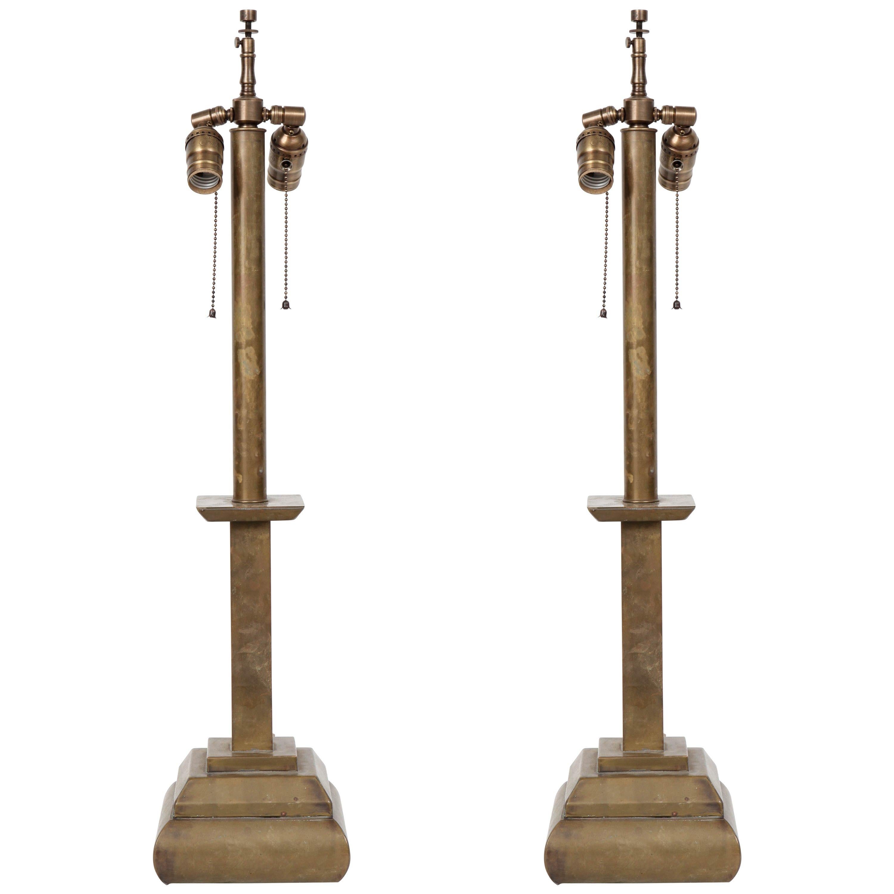 Pair of Donald Deskey Style, Machine Age Bronze Lamps
