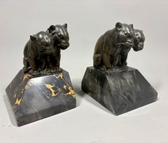 Pair of French Art Deco Bronze Lioness Bookends on Portoro Marble Bases