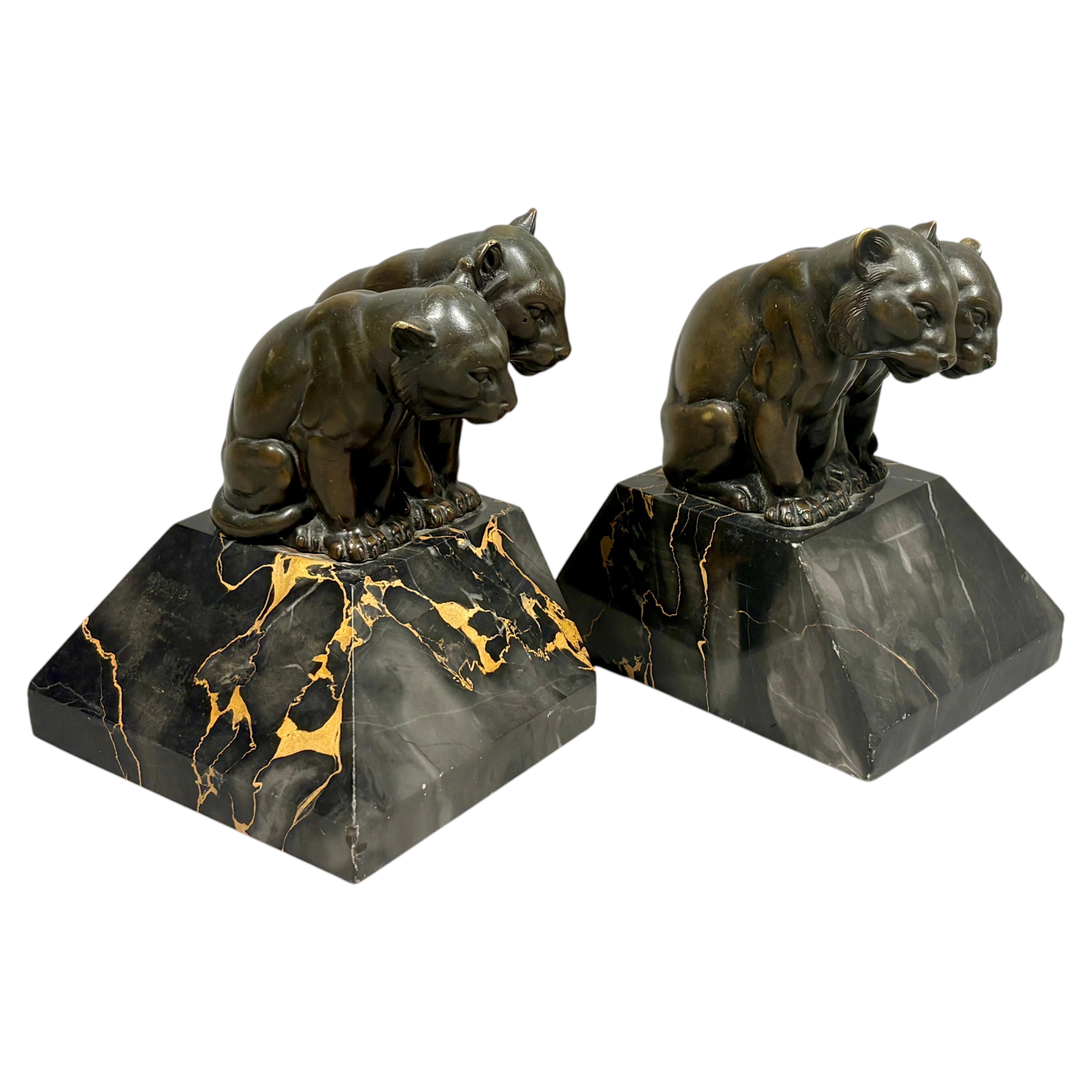 Pair of French Art Deco Bronze Lioness Bookends on Portoro Marble Bases For Sale
