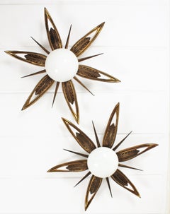 Pair of French Art Deco Bronze and Milk Glass Starburst Sunburst Flush Mounts