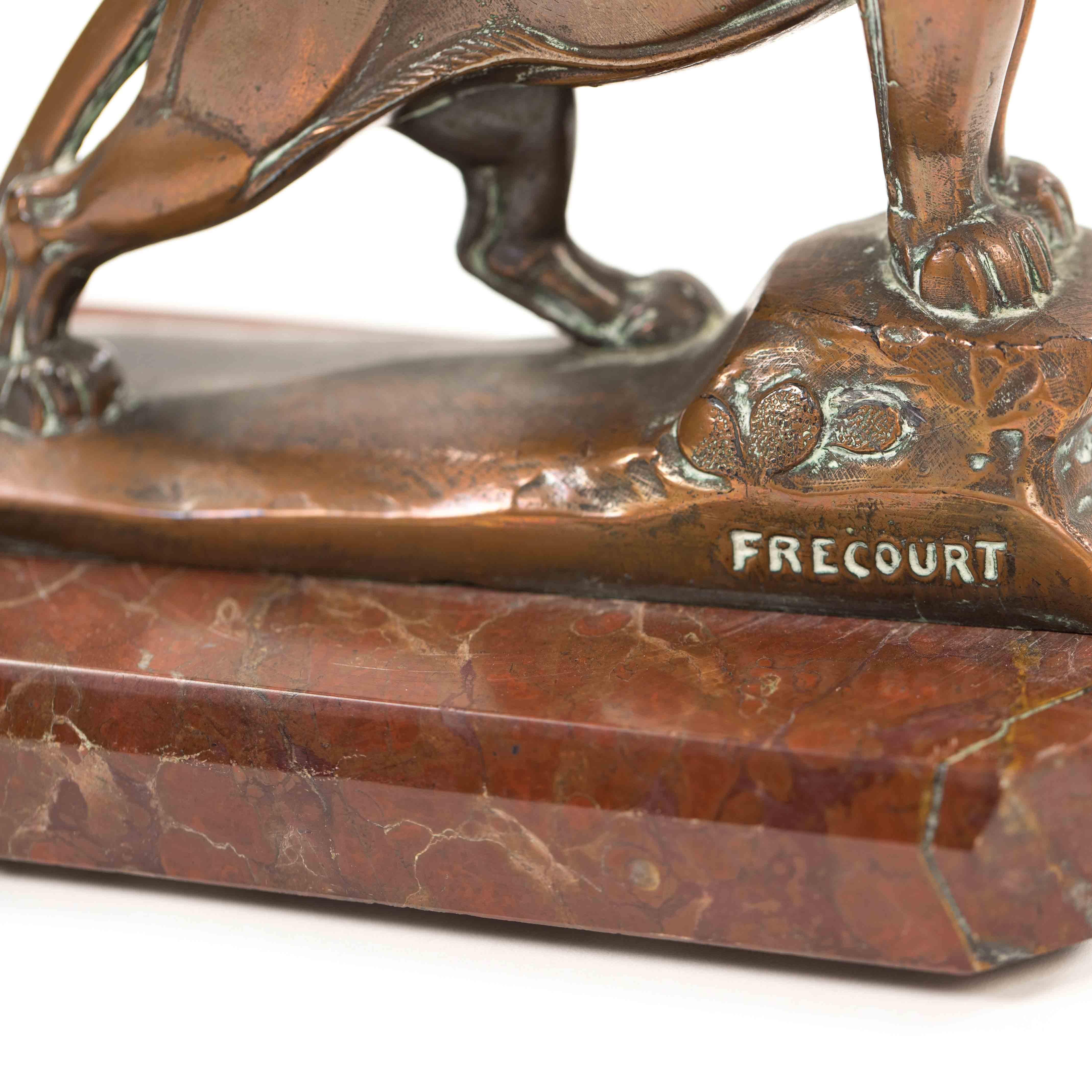 Pair of French Art Déco Bronze Panther Bookends on Marble base, signed Frecourt 5