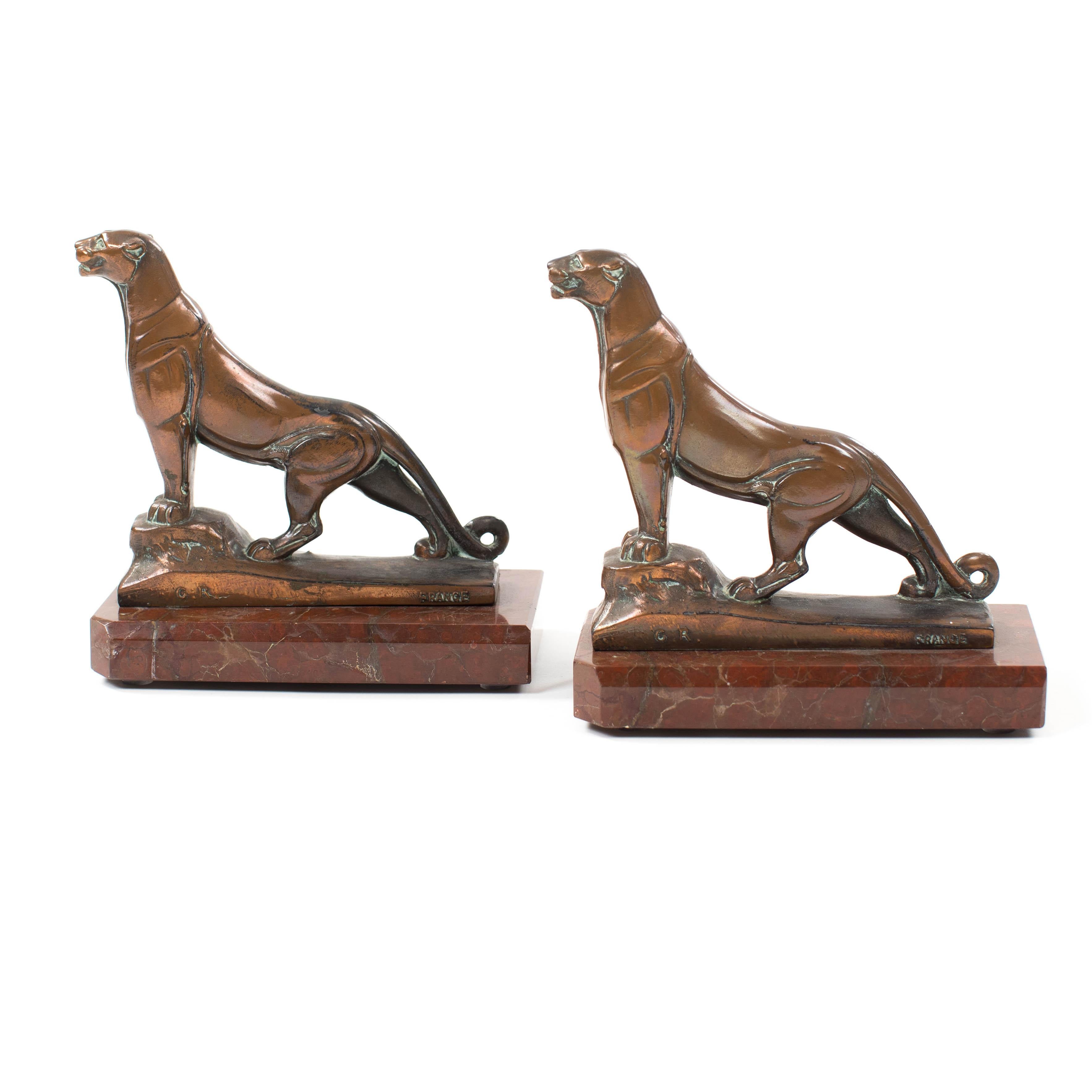 Art Deco Pair of French Art Déco Bronze Panther Bookends on Marble base, signed Frecourt