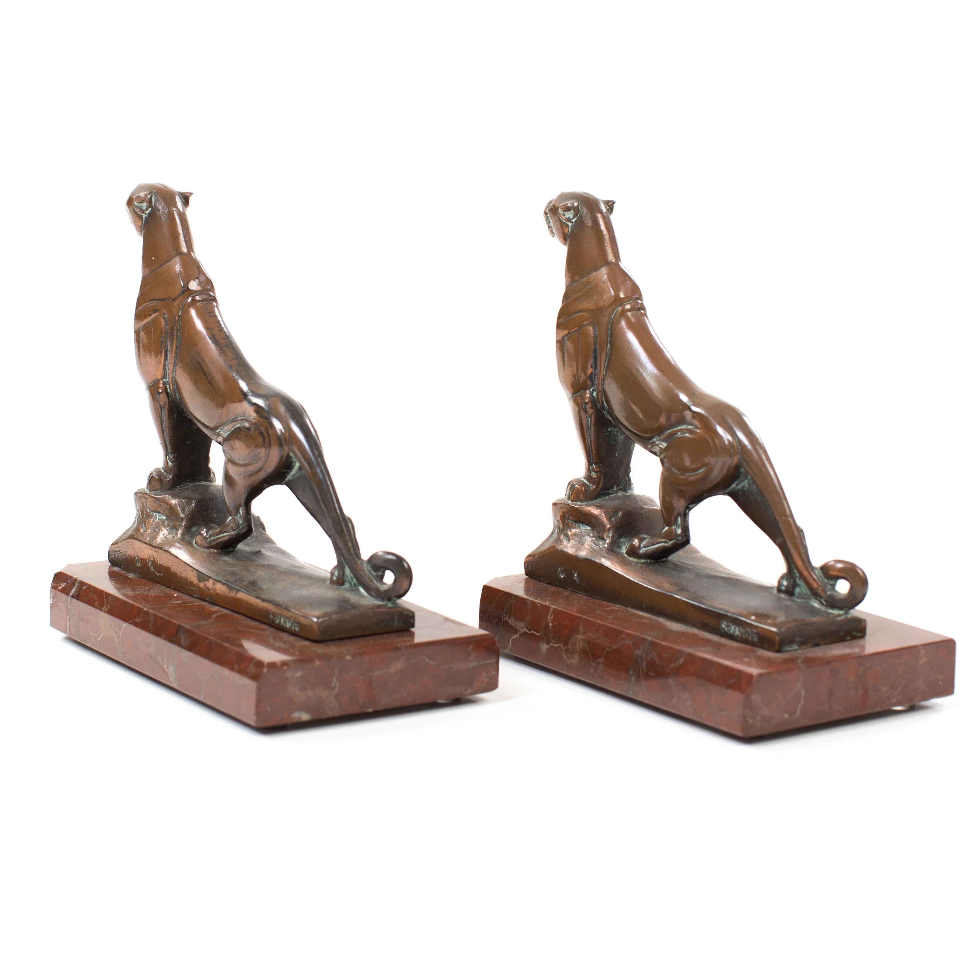 Cast Pair of French Art Déco Bronze Panther Bookends on Marble base, signed Frecourt