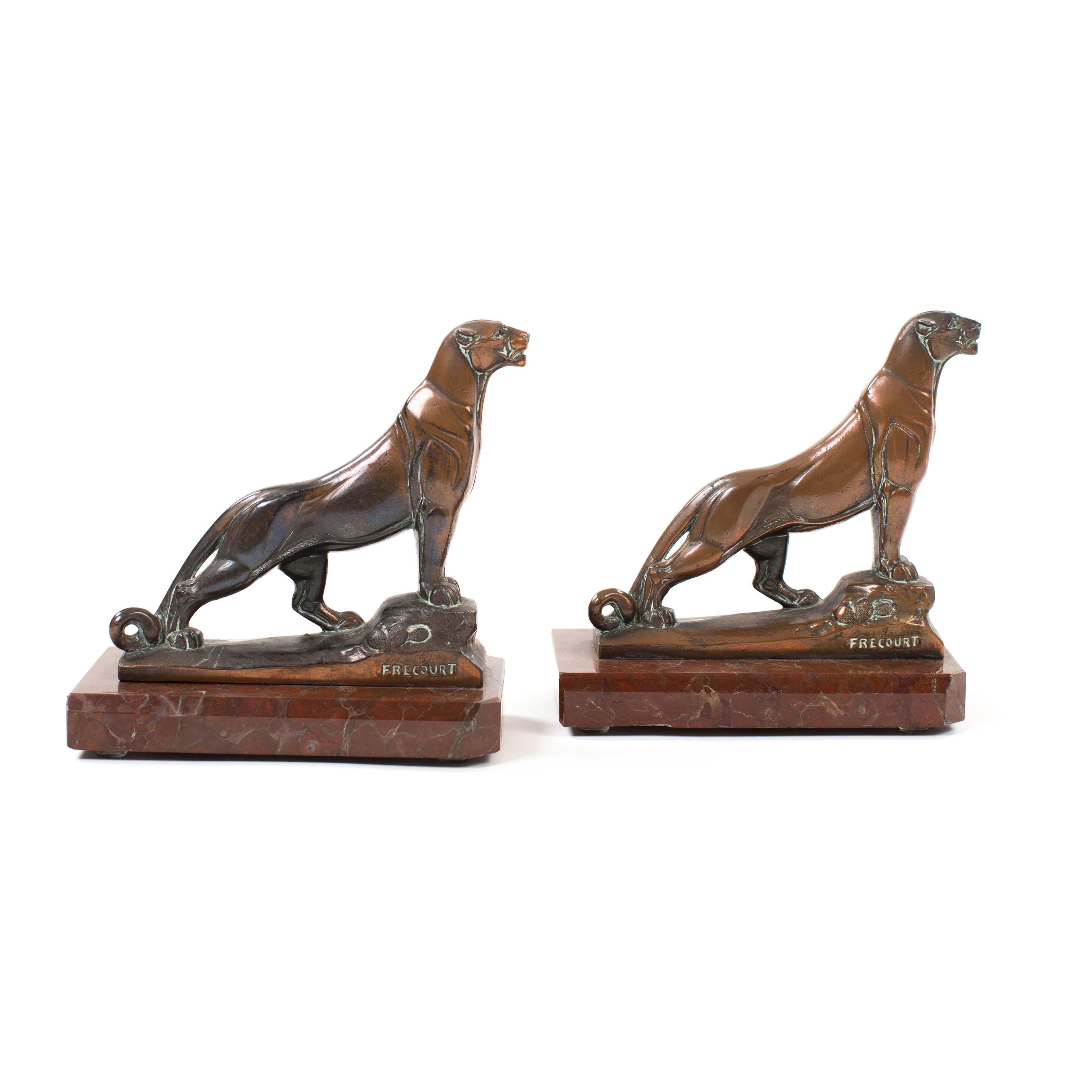 Metal Pair of French Art Déco Bronze Panther Bookends on Marble base, signed Frecourt