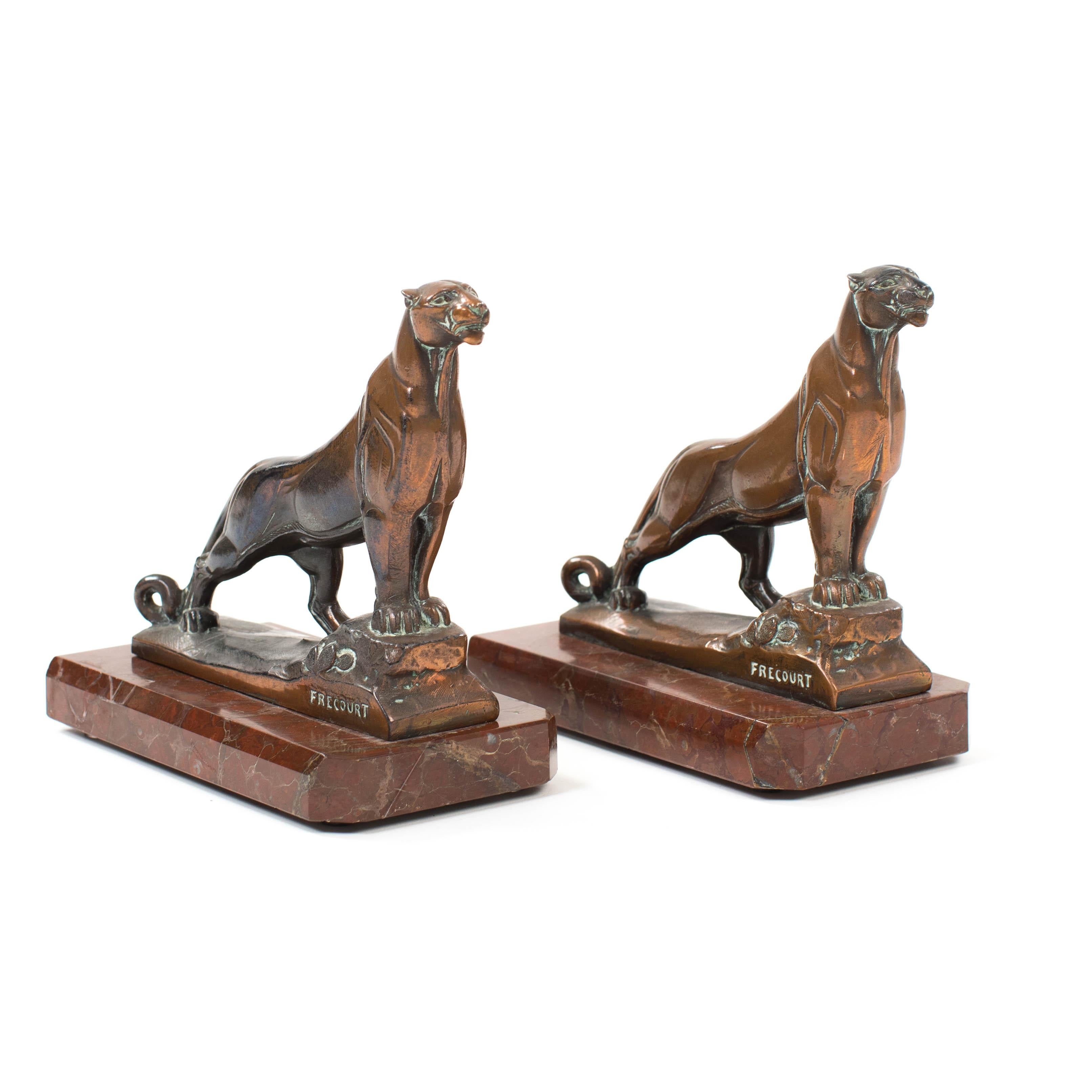 Pair of French Art Déco Bronze Panther Bookends on Marble base, signed Frecourt 1