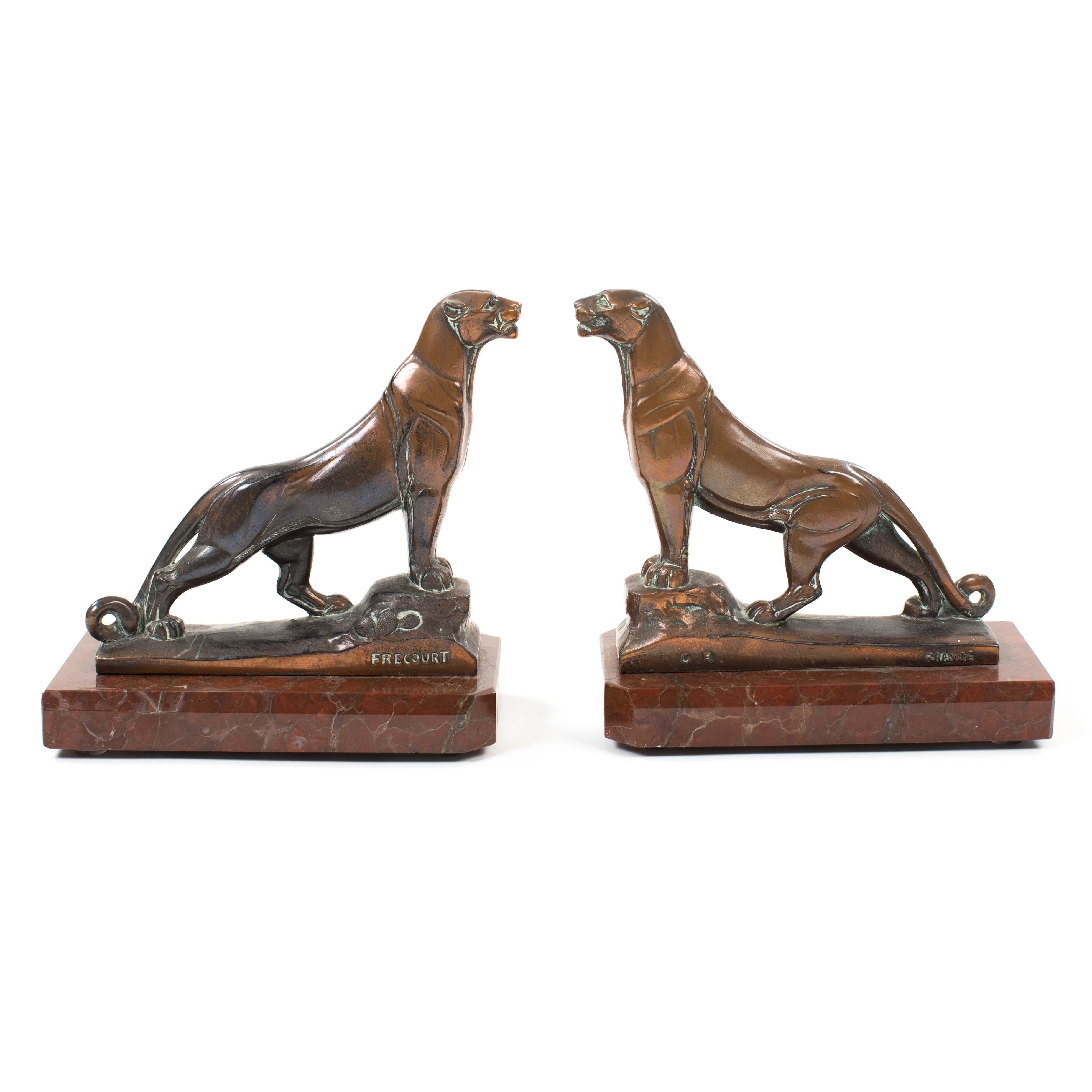 Pair of French Art Déco Bronze Panther Bookends on Marble base, signed Frecourt 2