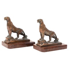 Pair of French Art Déco Bronze Panther Bookends on Marble base, signed Frecourt