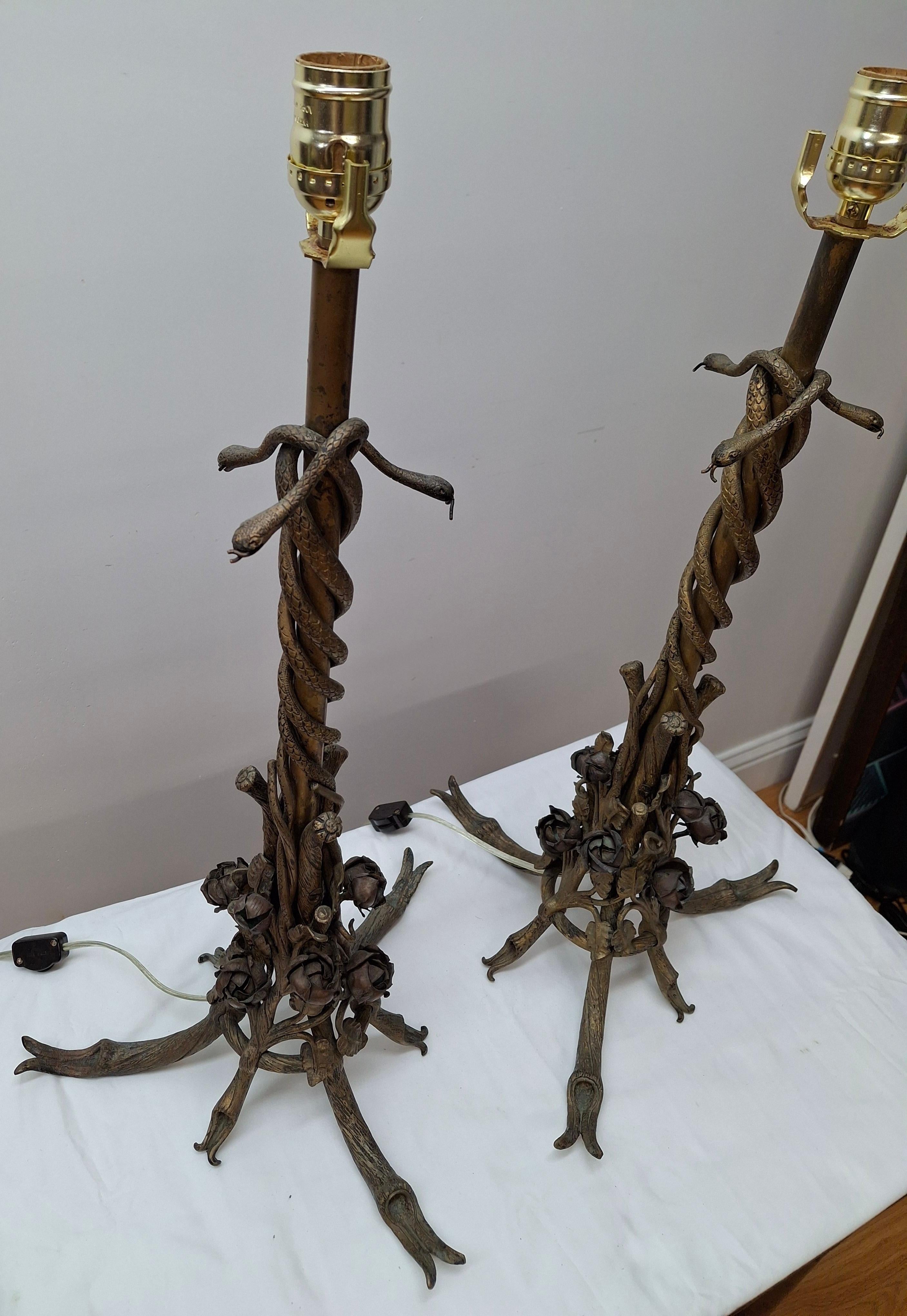 Pair of French Art Deco Bronze Table Lamps With Snakes & Roses

12.5