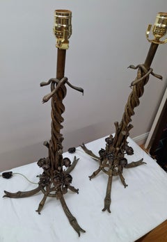 Pair of French Art Deco Bronze Table Lamps With Snakes & Roses
