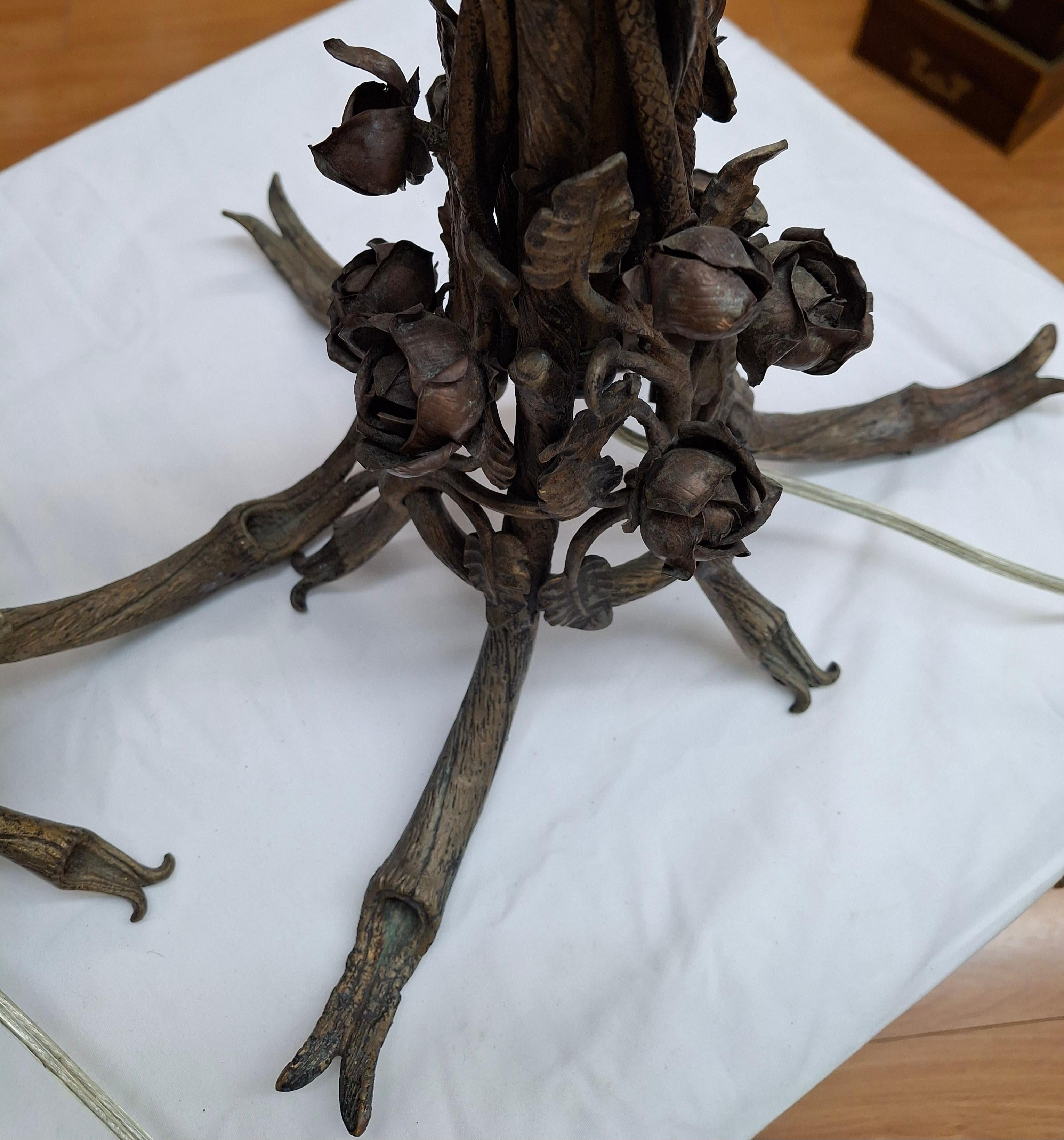 Pair of French Art Deco Bronze Table Lamps With Snakes & Roses 2