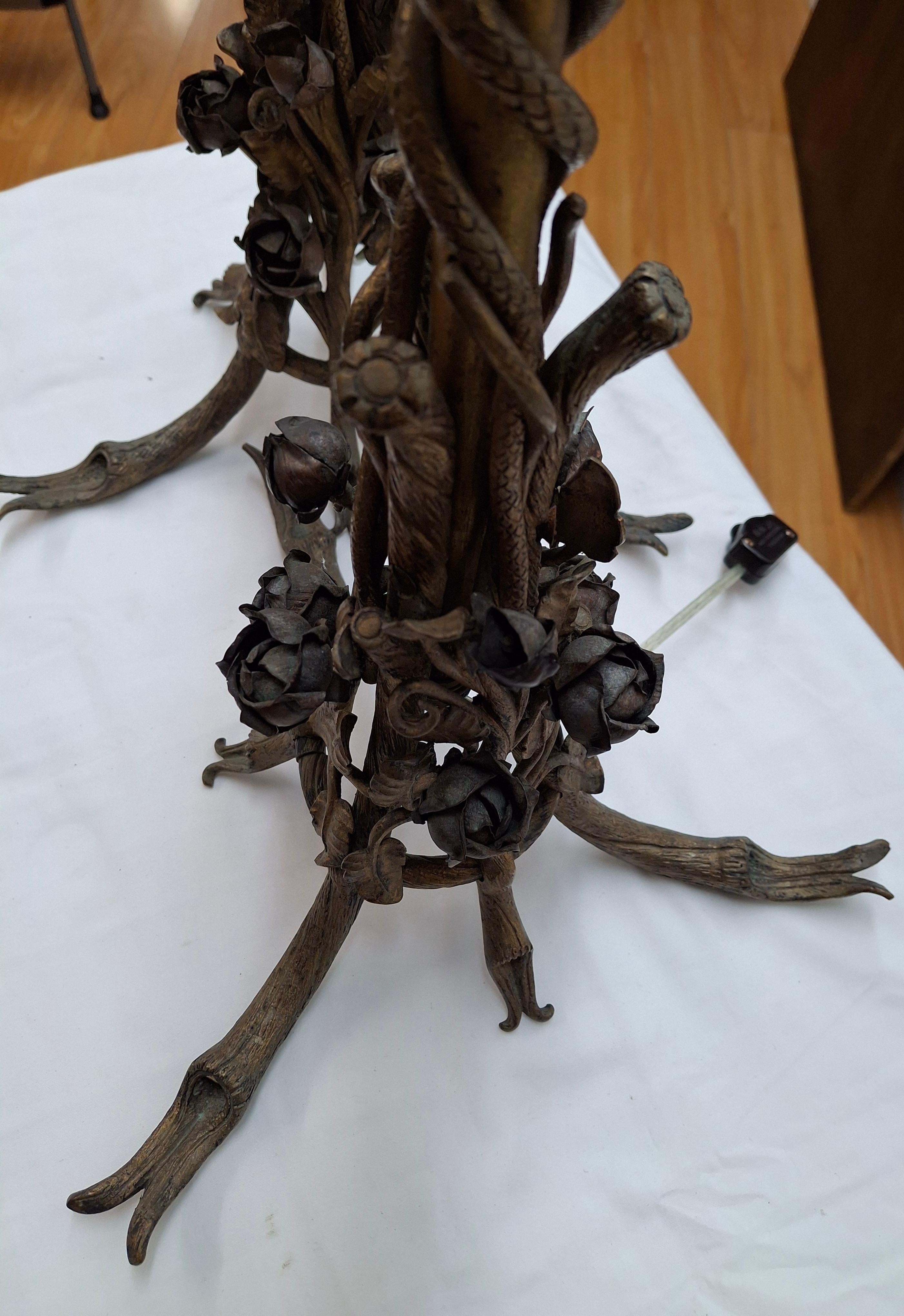 Pair of French Art Deco Bronze Table Lamps With Snakes & Roses 3