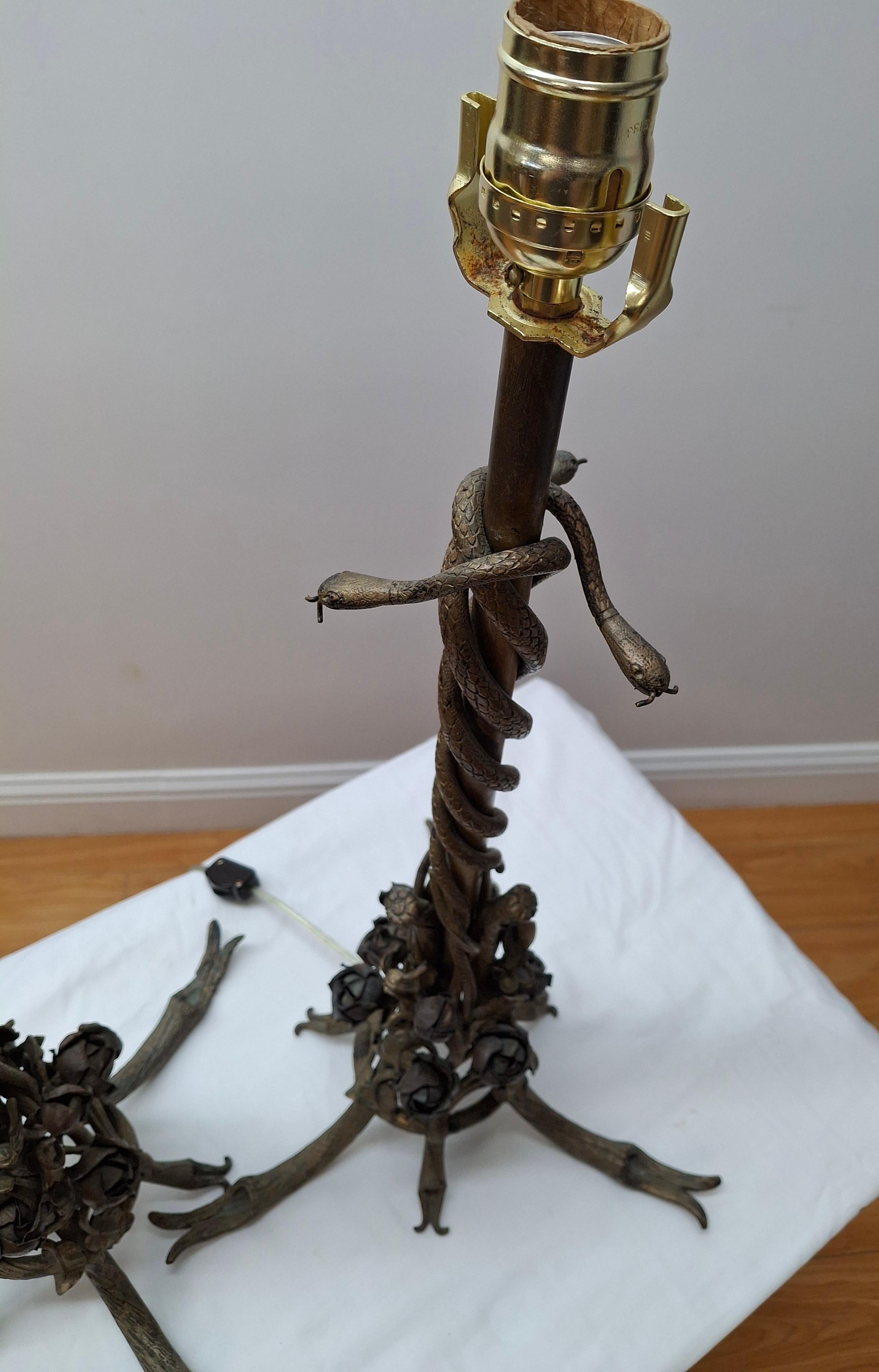 Pair of French Art Deco Bronze Table Lamps With Snakes & Roses 4