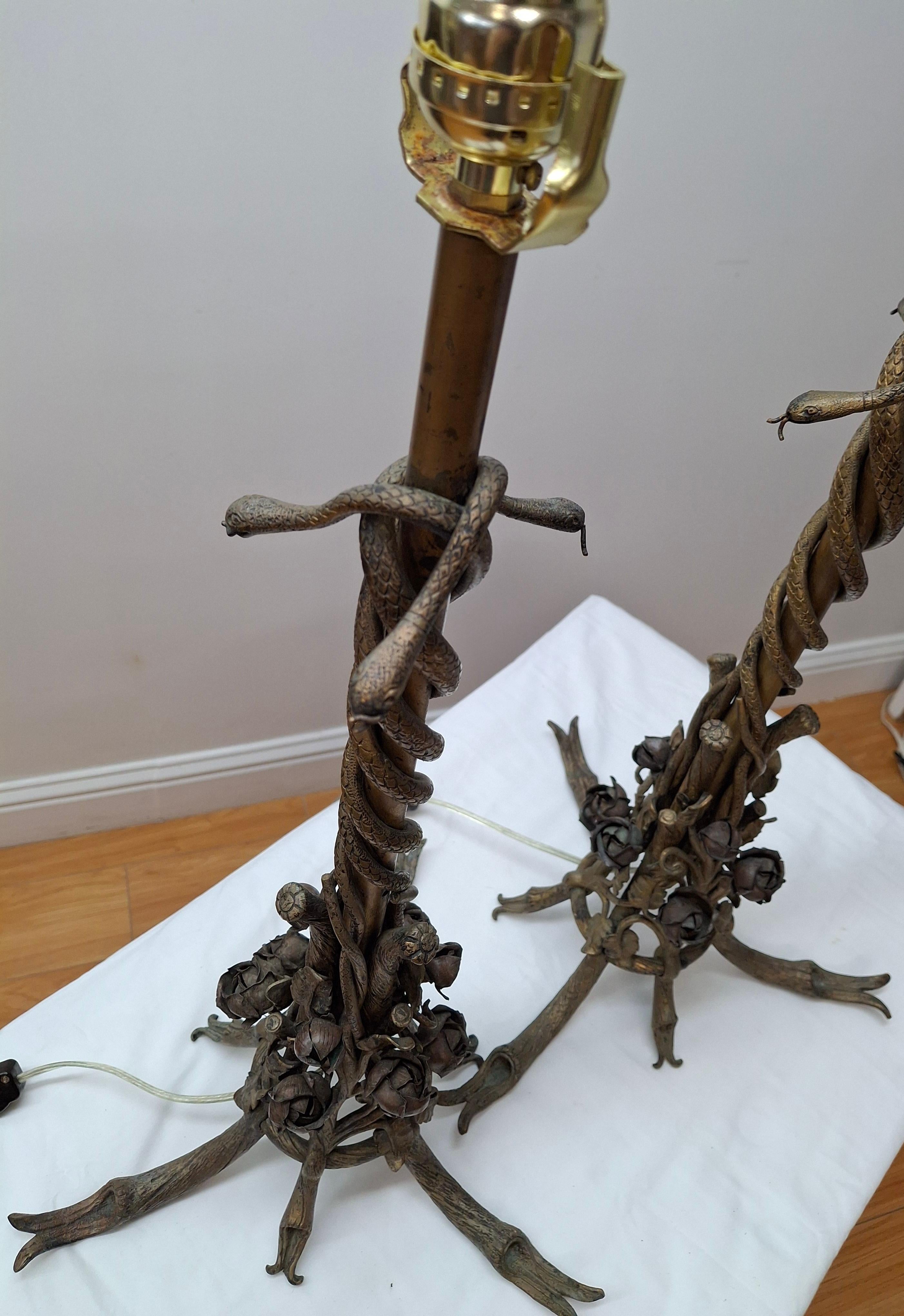 Pair of French Art Deco Bronze Table Lamps With Snakes & Roses 5