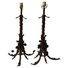 Antique Pair of French Art Deco Bronze Table Lamps With Snakes & Roses