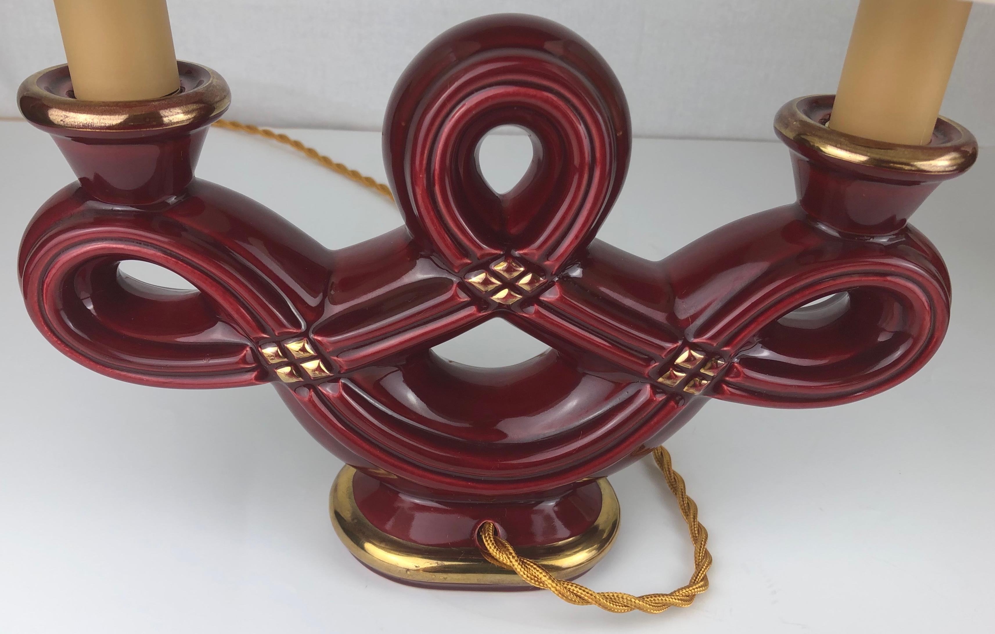 Pair of French Art Deco Burgundy and Gold Trimmed Swirled Faience Table Lamps For Sale 2