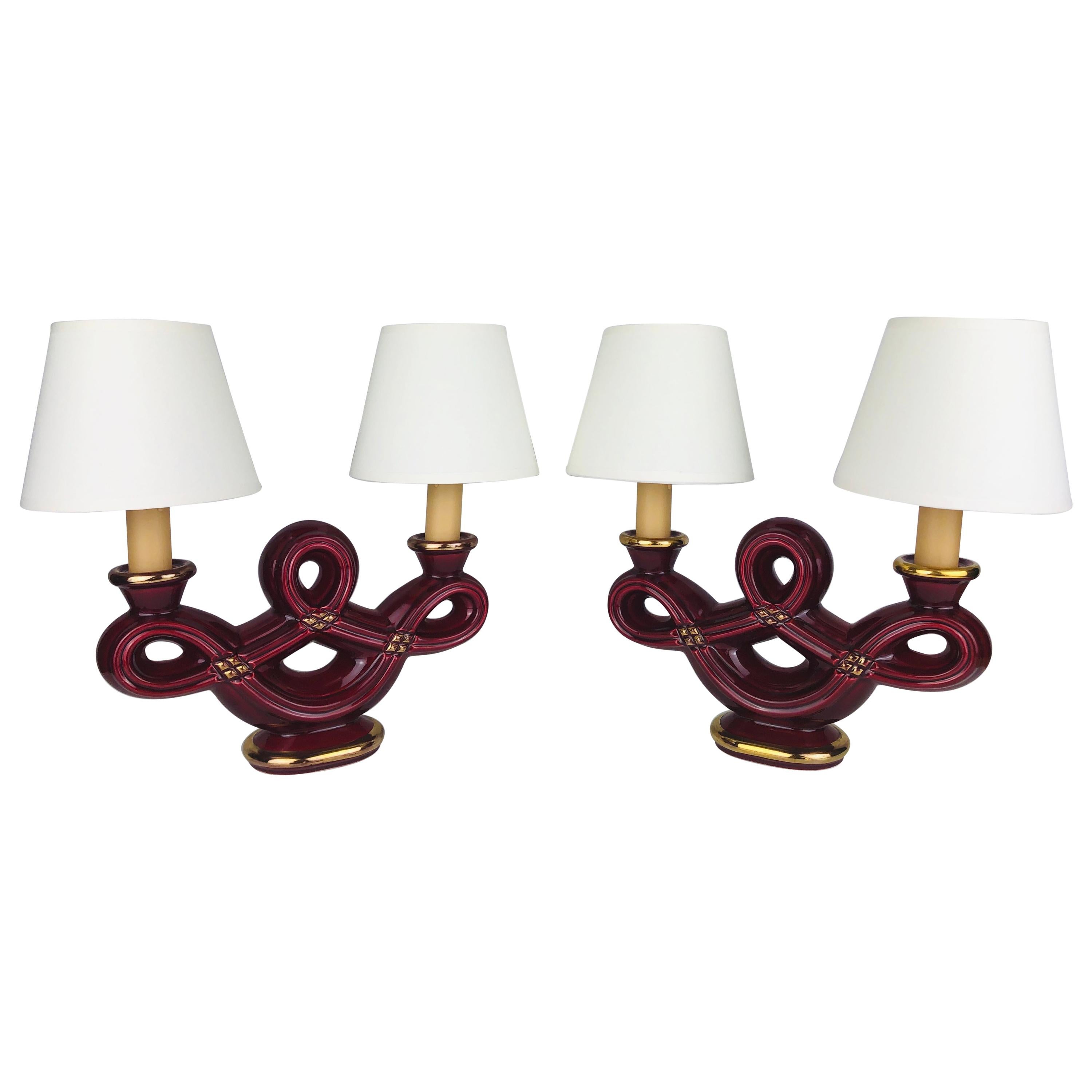 Pair of French Art Deco Burgundy and Gold Trimmed Swirled Faience Table Lamps For Sale