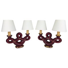 Pair of French Art Deco Burgundy and Gold Trimmed Swirled Faience Table Lamps