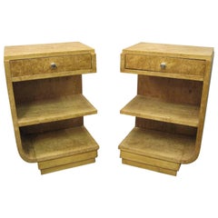 Pair of French Art Deco Burl Maple Cubist Nightstands or Side Tables