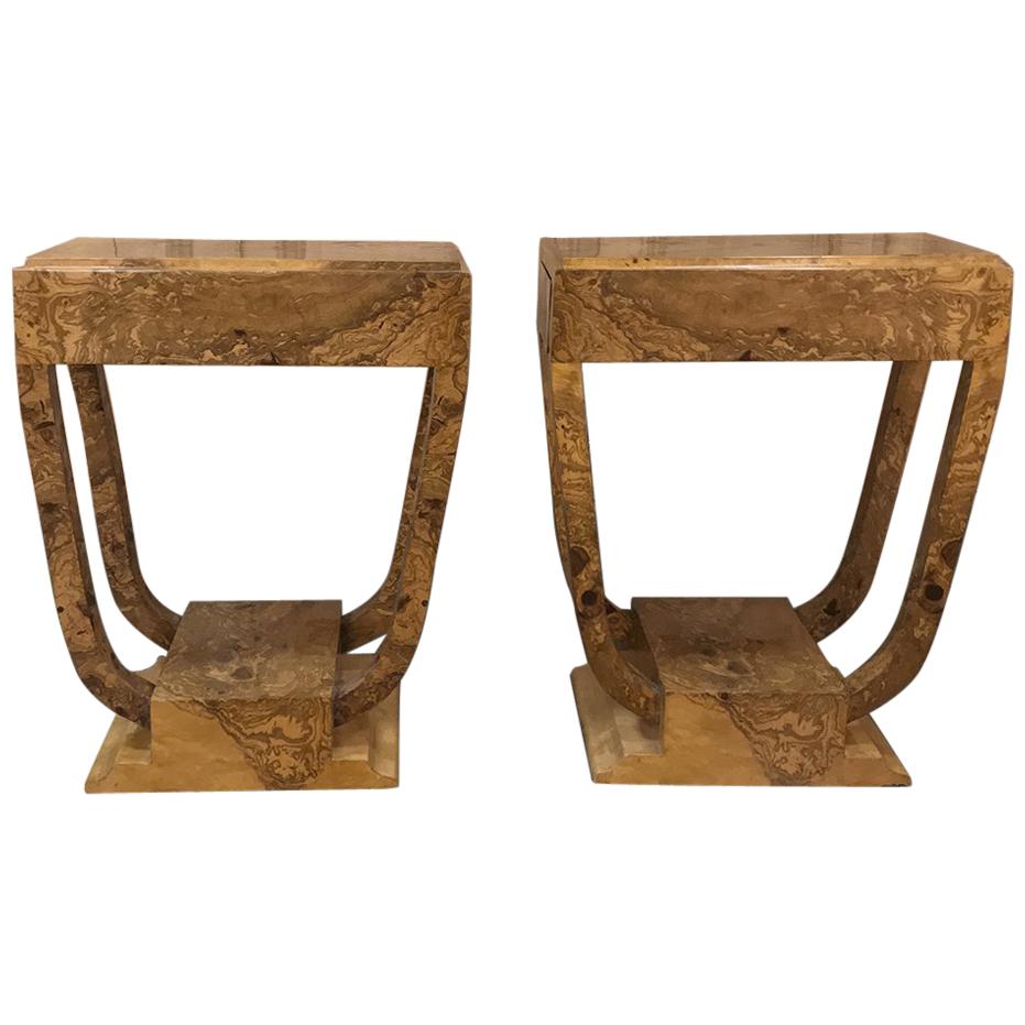 Pair of French Art Deco Burl Walnut End Tables