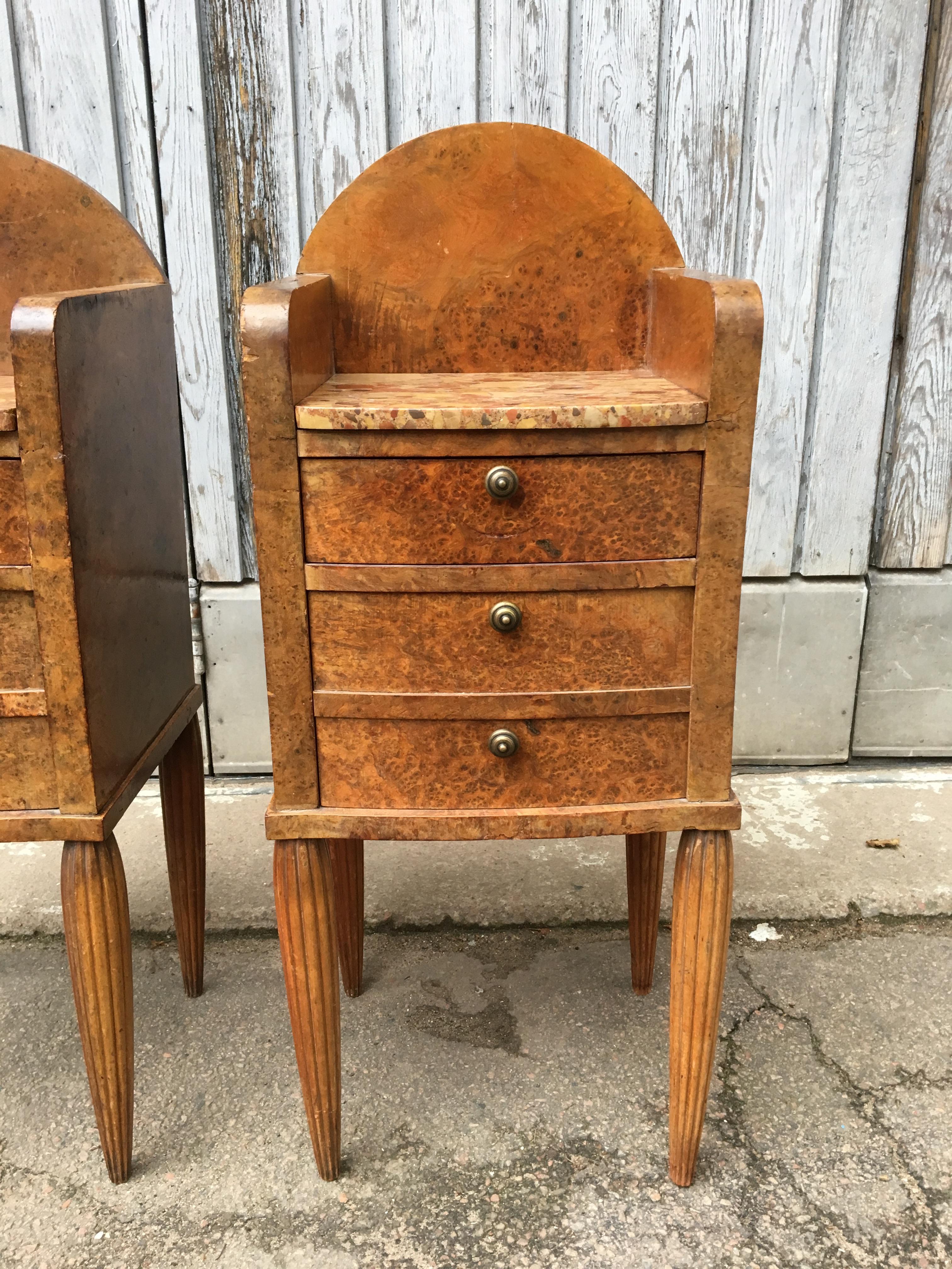 Pair of French Art Deco Burlwood and Marble Top Tables 9