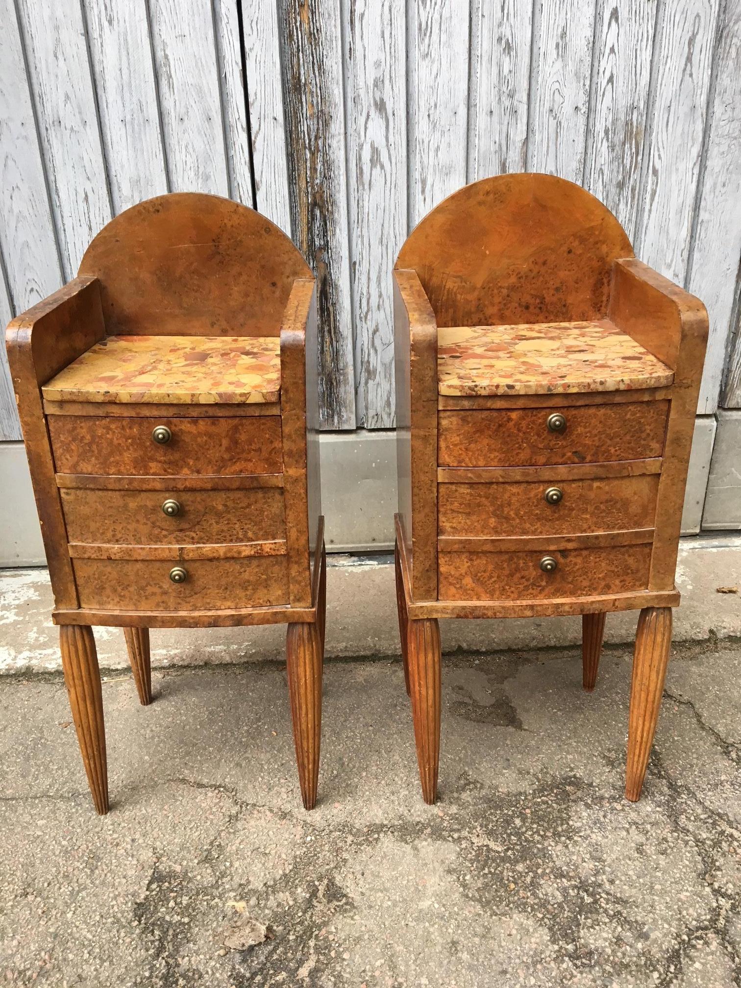 Pair of French Art Deco Burlwood and Marble Top Tables In Good Condition In Haddonfield, NJ