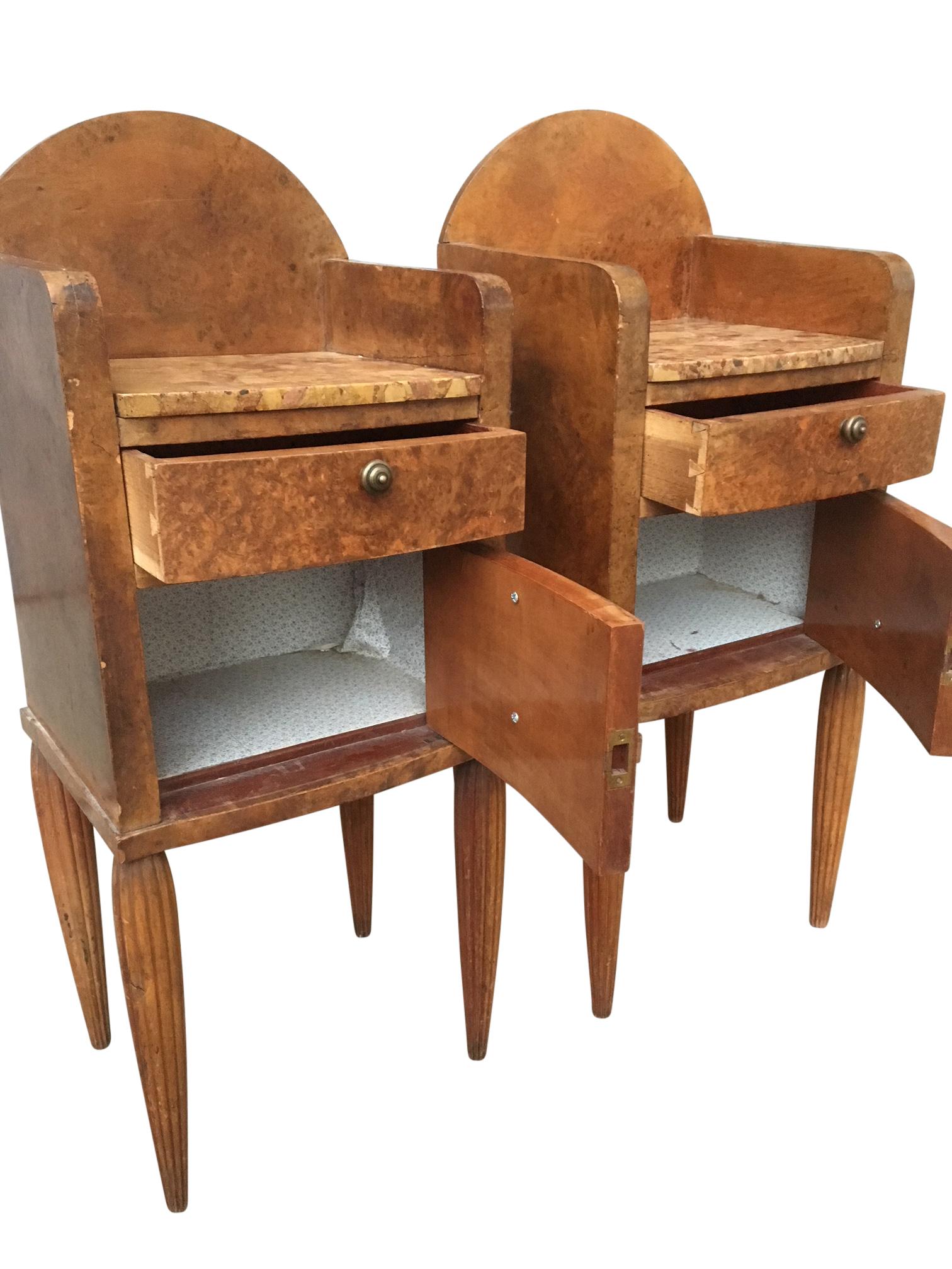 Brass Pair of French Art Deco Burlwood and Marble Top Tables