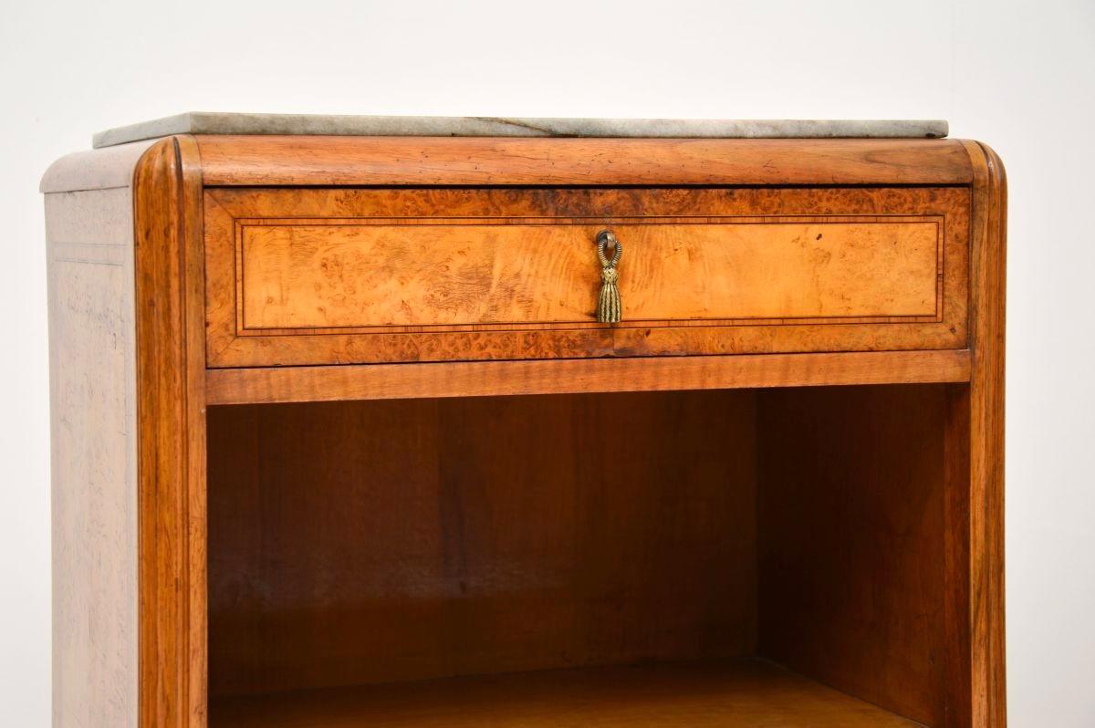 Pair of French Art Deco Burr Walnut Marble Top Bedside Cabinets For Sale 6