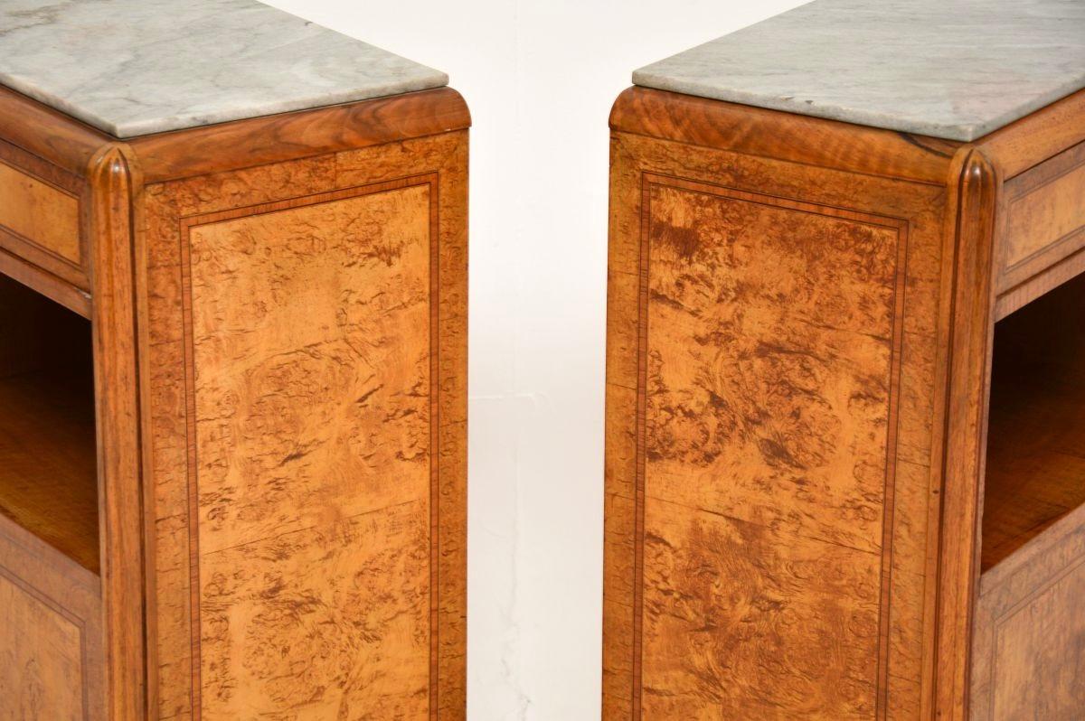 Pair of French Art Deco Burr Walnut Marble Top Bedside Cabinets For Sale 9