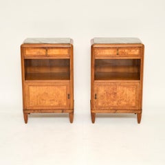 Pair of French Art Deco Burr Walnut Marble Top Bedside Cabinets