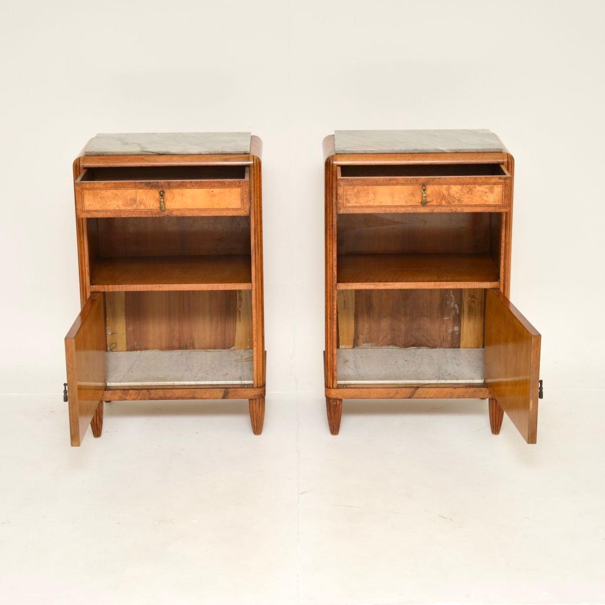 Pair of French Art Deco Burr Walnut Marble Top Bedside Cabinets In Good Condition For Sale In London, GB