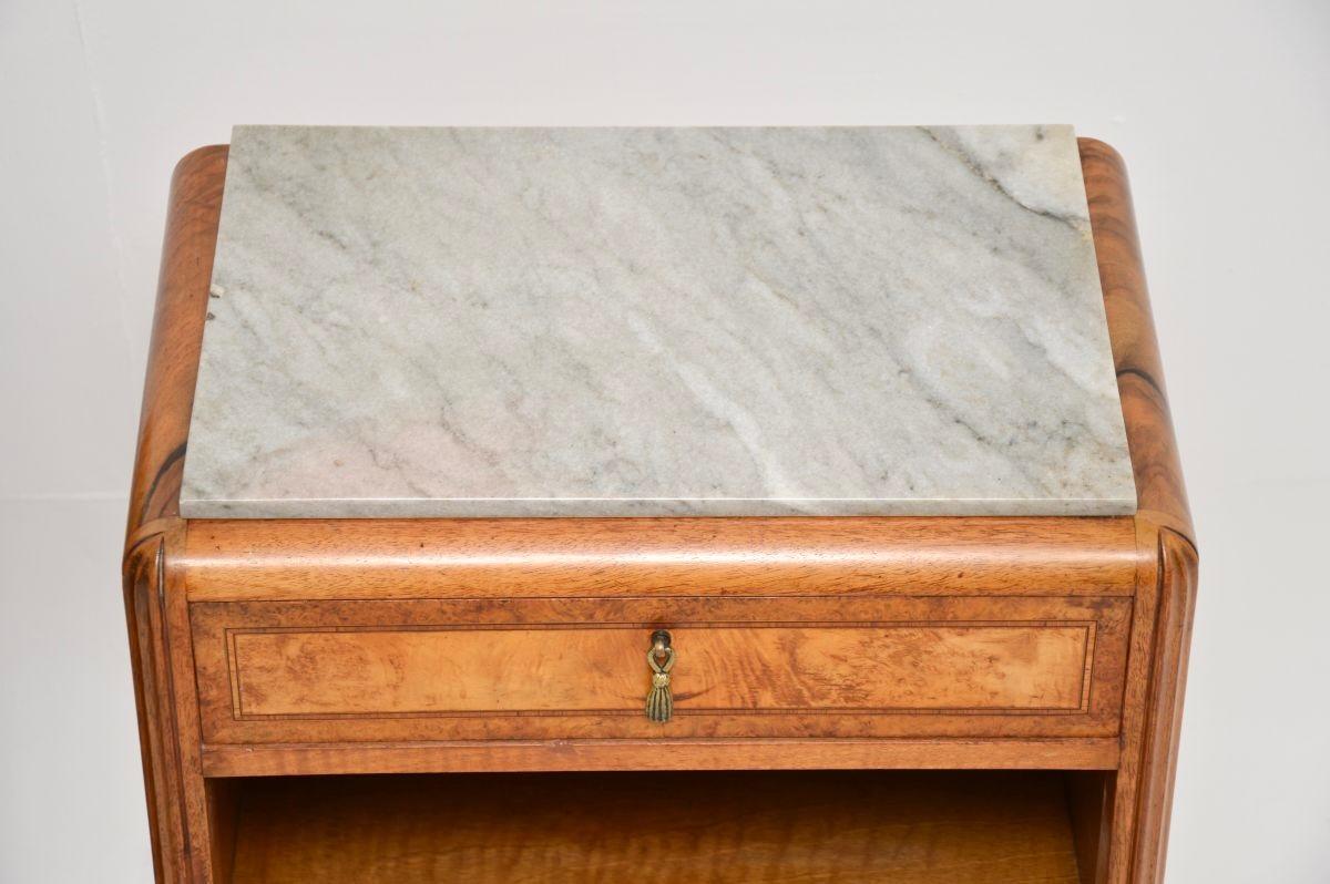 Pair of French Art Deco Burr Walnut Marble Top Bedside Cabinets For Sale 5