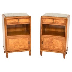 Pair of French Art Deco Burr Walnut Marble Top Bedside Cabinets