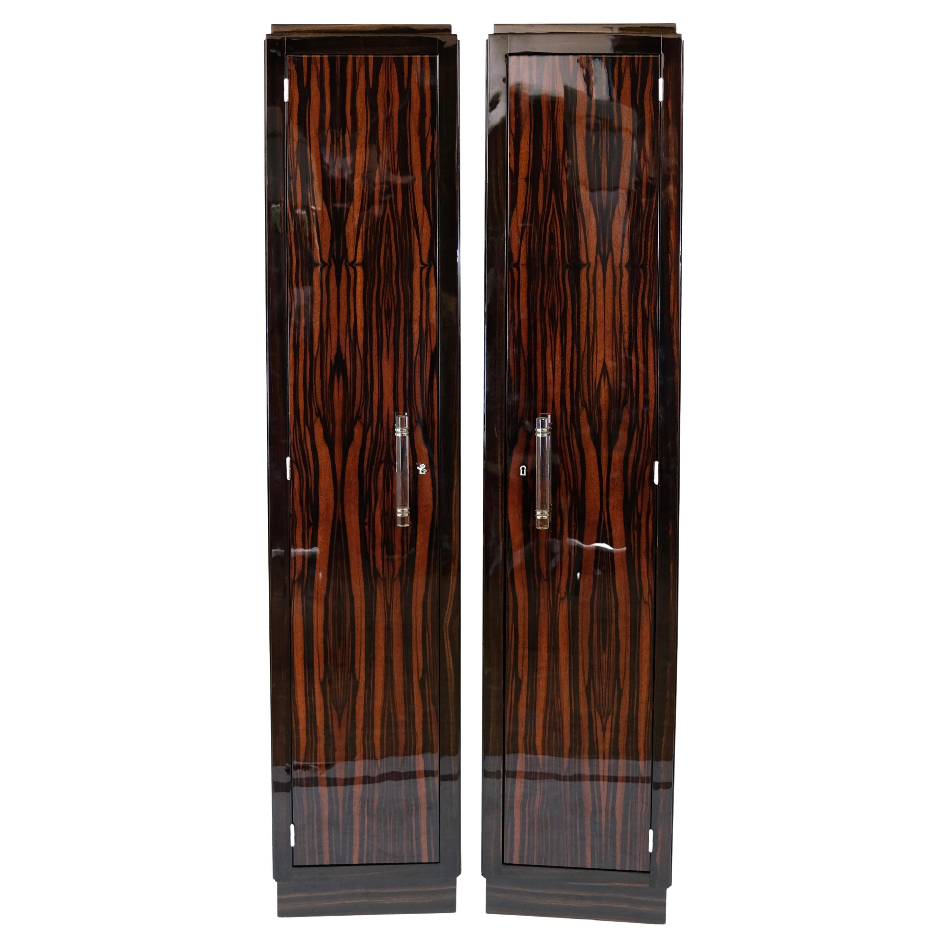 Pair of French Art Deco Cabinets with Macassar Veneer and Black Lacquer Body