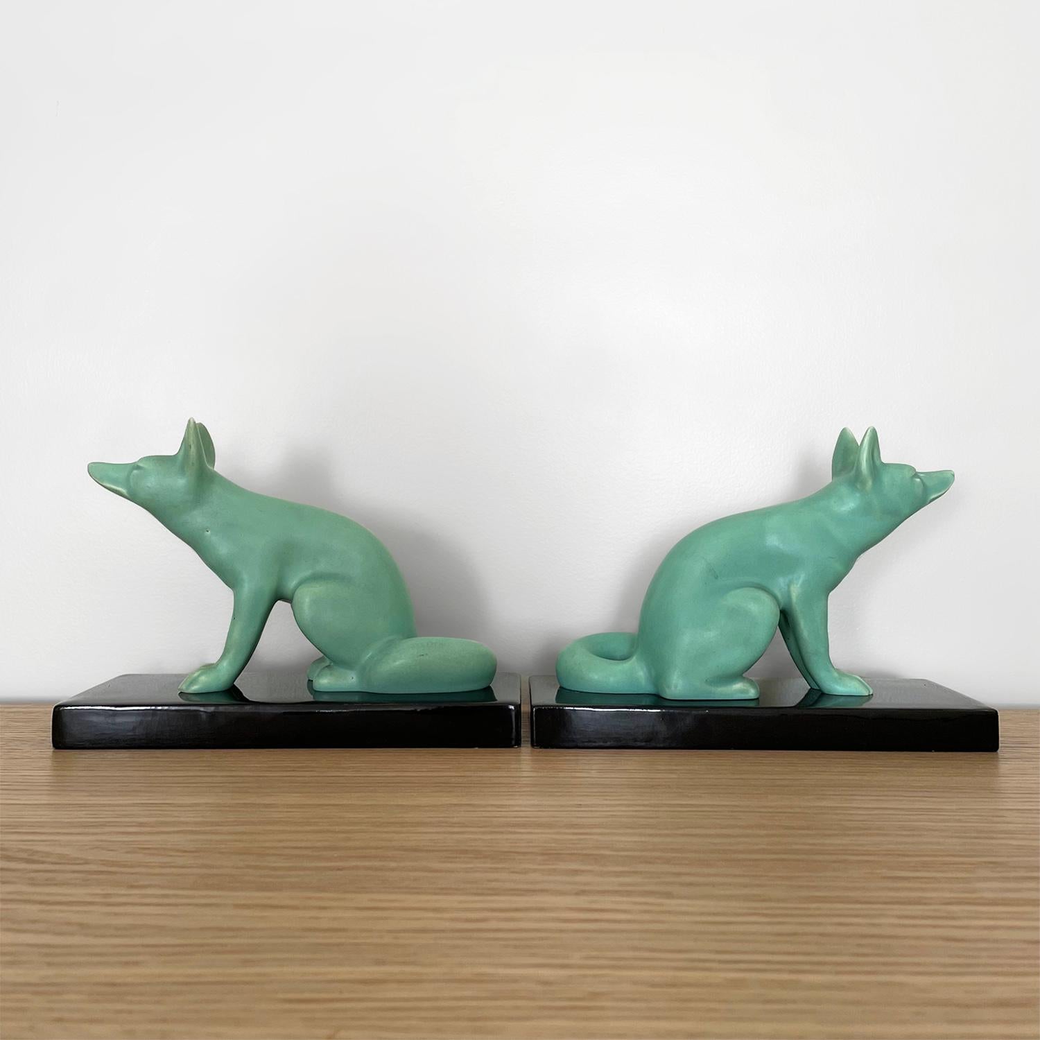 Pair of French Art Deco Celadon Fox Bookends In Good Condition For Sale In Los Angeles, CA