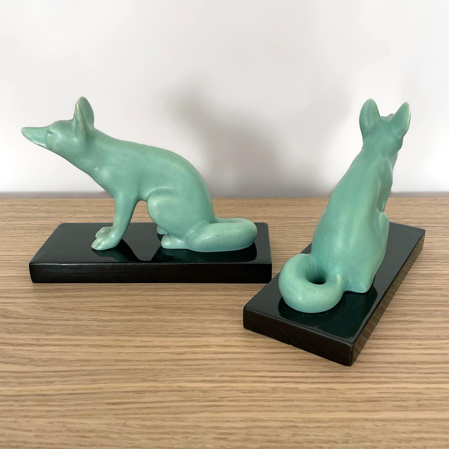 Pair of French Art Deco Celadon Fox Bookends For Sale 2