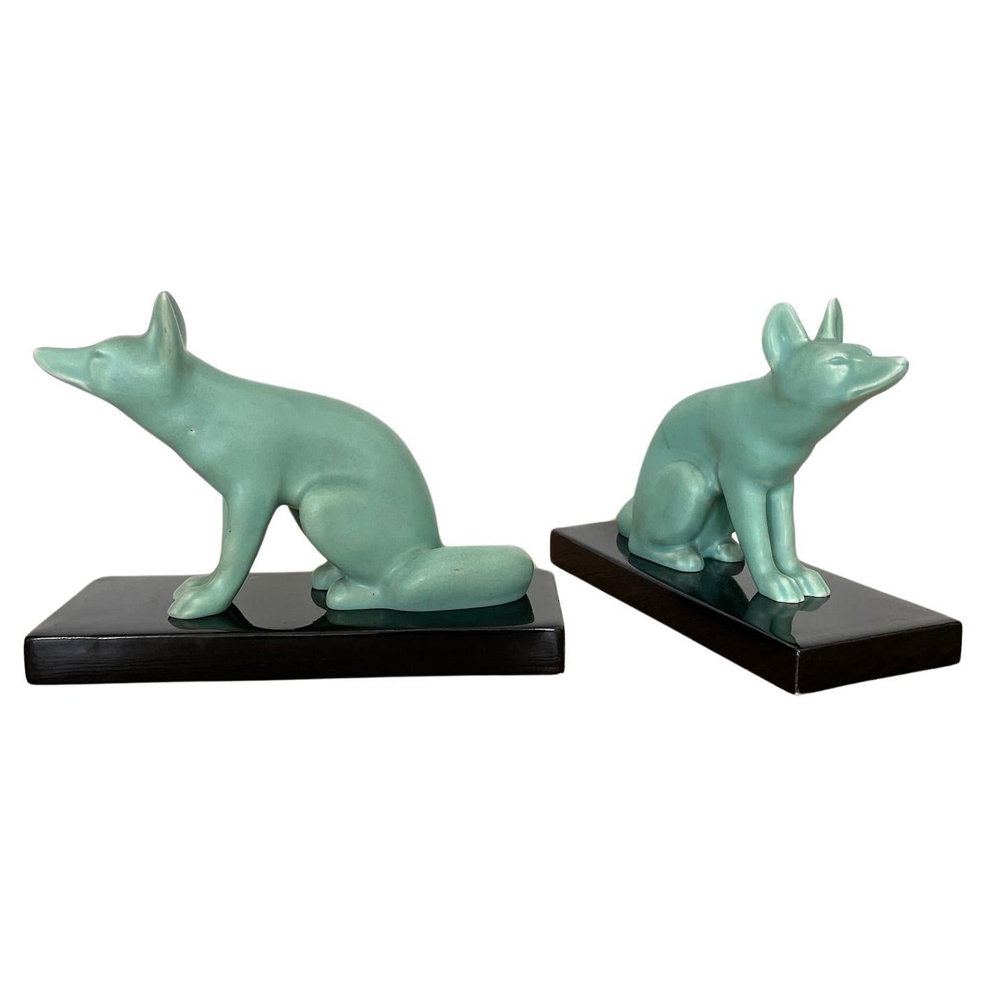 Pair of French Art Deco Celadon Fox Bookends For Sale