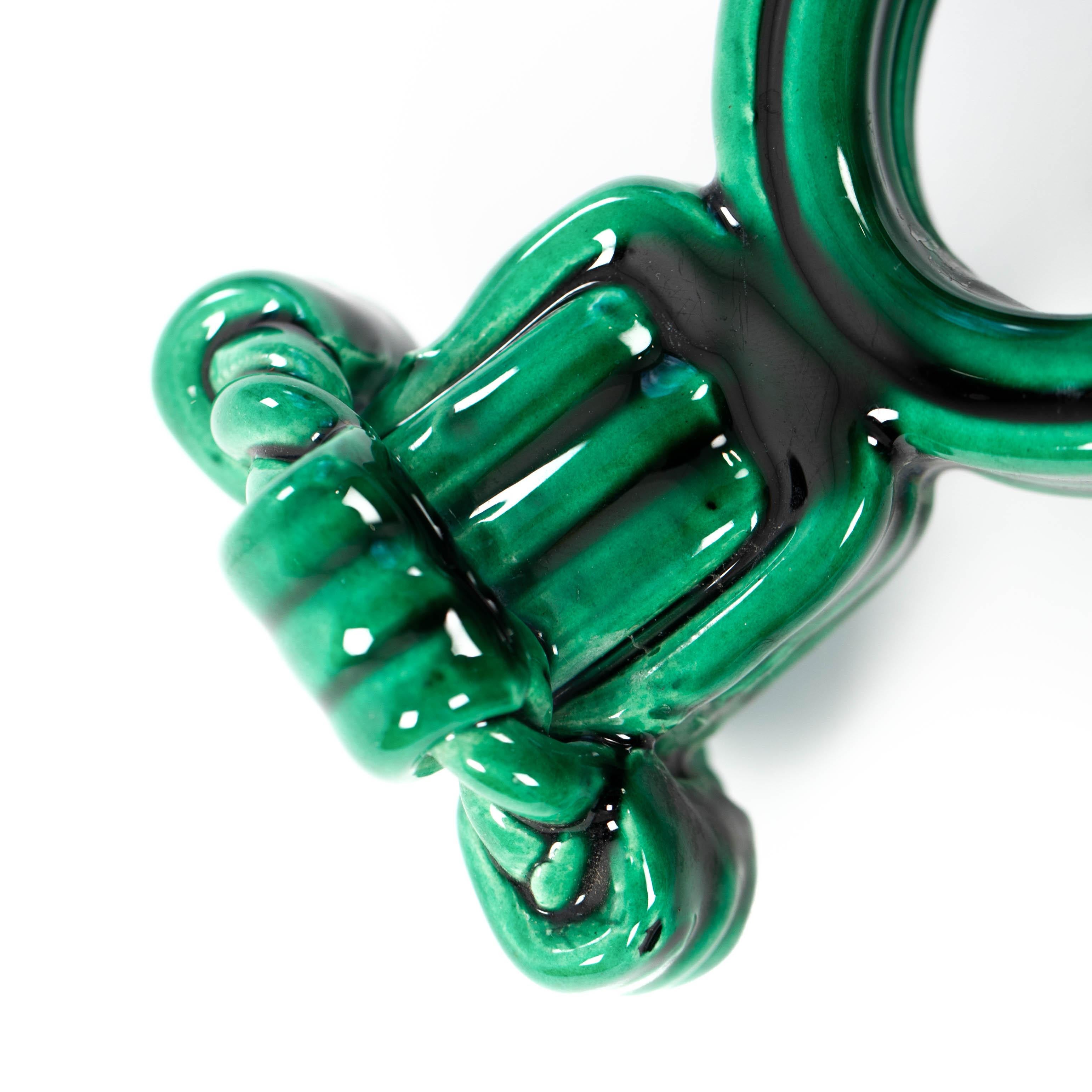 Coppia di candelabri francesi Art Déco in ceramica con aspetto di corda verde abete 1930 in vendita 12