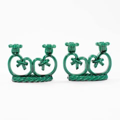 Pair of French Art Déco Ceramic Candlesticks in Fir Green Cord Look 1930s
