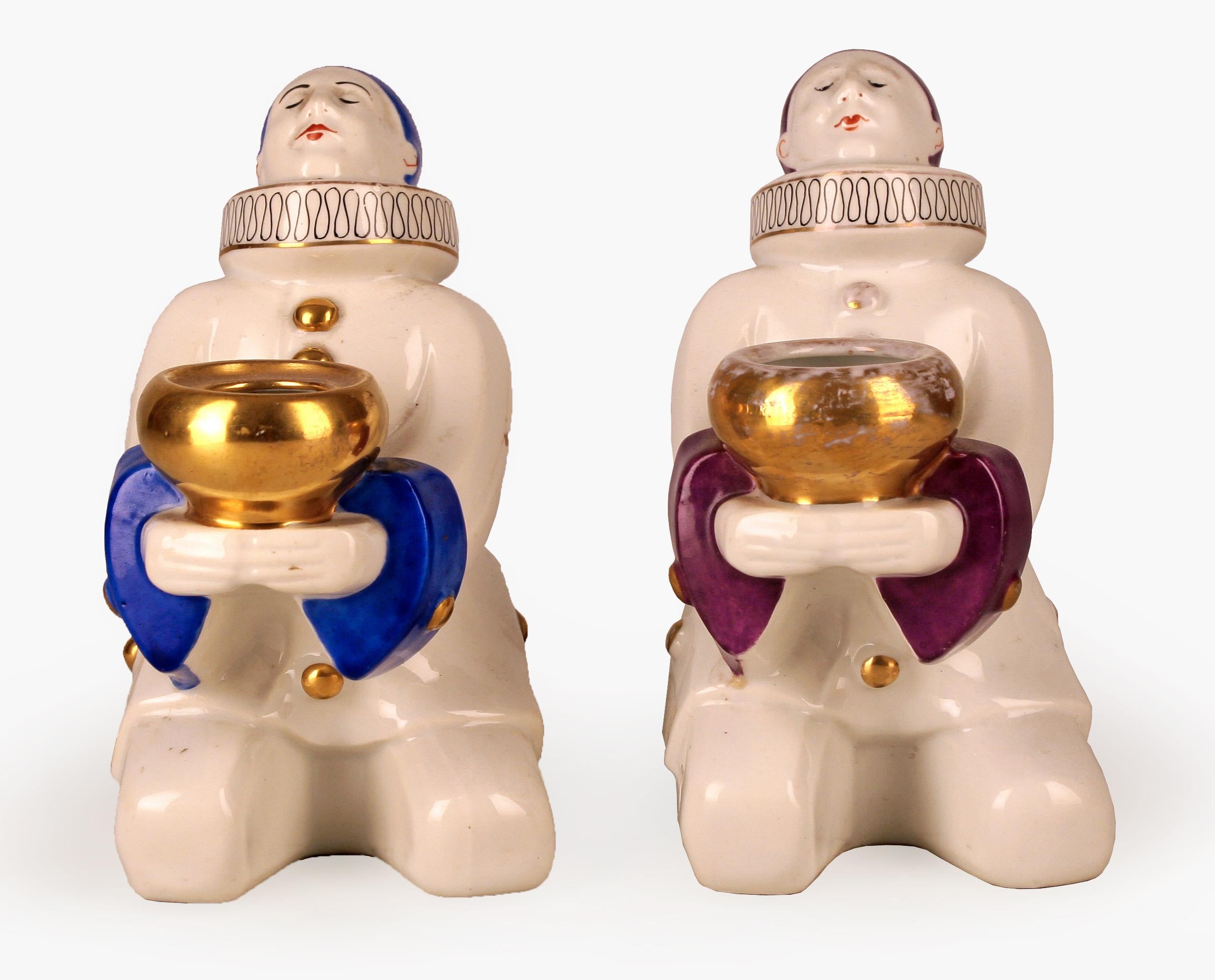 Art Deco Pair of French Art Déco Ceramic Pierrot Figures/Perfume Lamps by Aladin for ROBJ For Sale