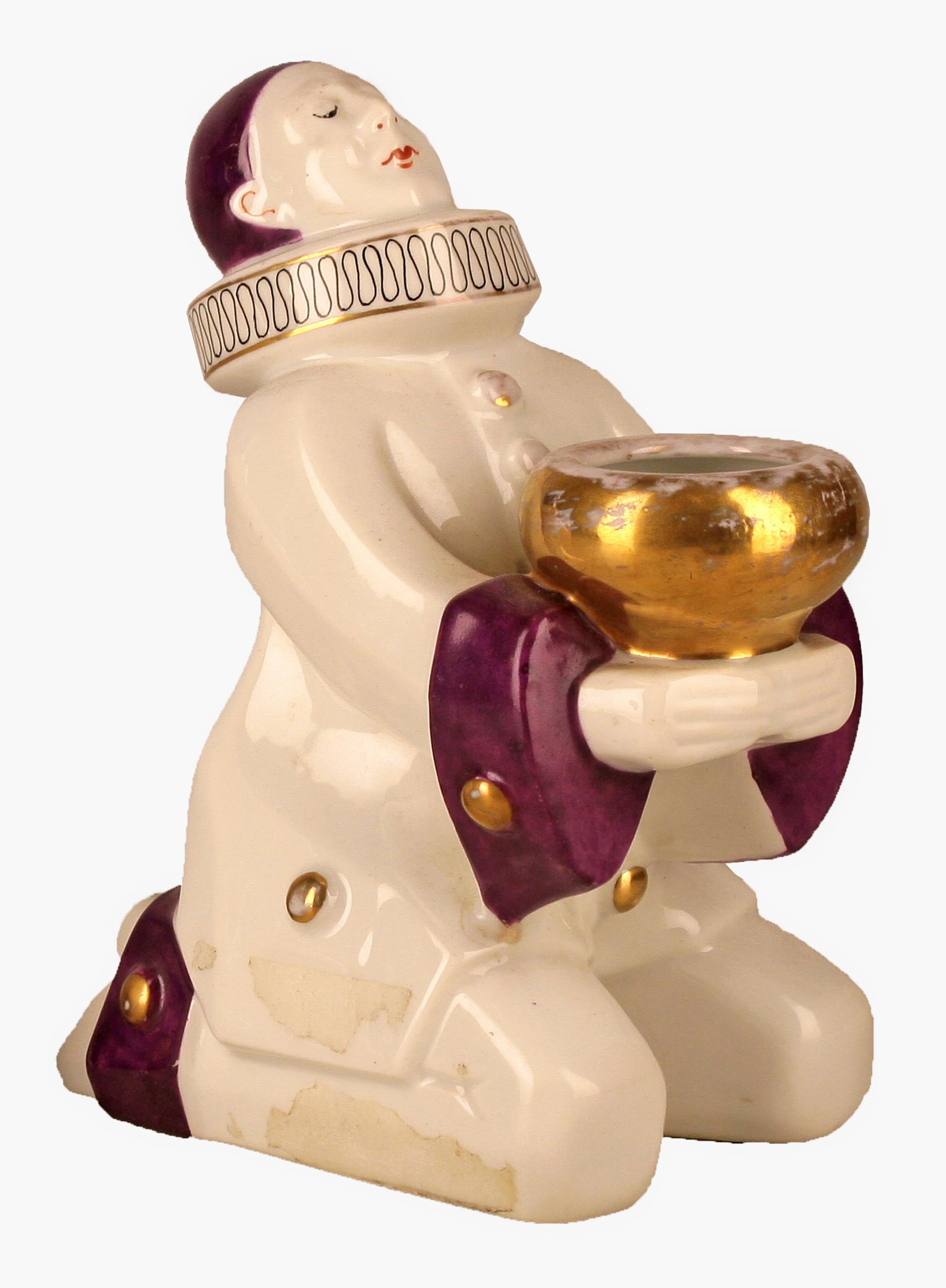 20th Century Pair of French Art Déco Ceramic Pierrot Figures/Perfume Lamps by Aladin for ROBJ For Sale
