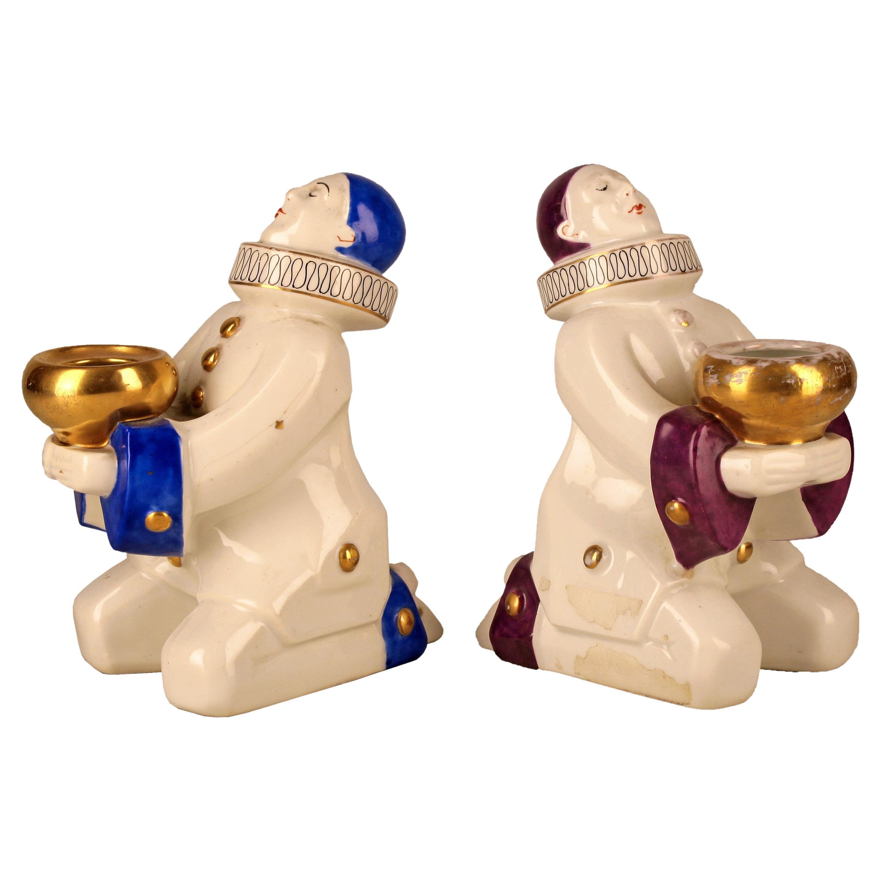 Pair of French Art Déco Ceramic Pierrot Figures/Perfume Lamps by Aladin for ROBJ For Sale