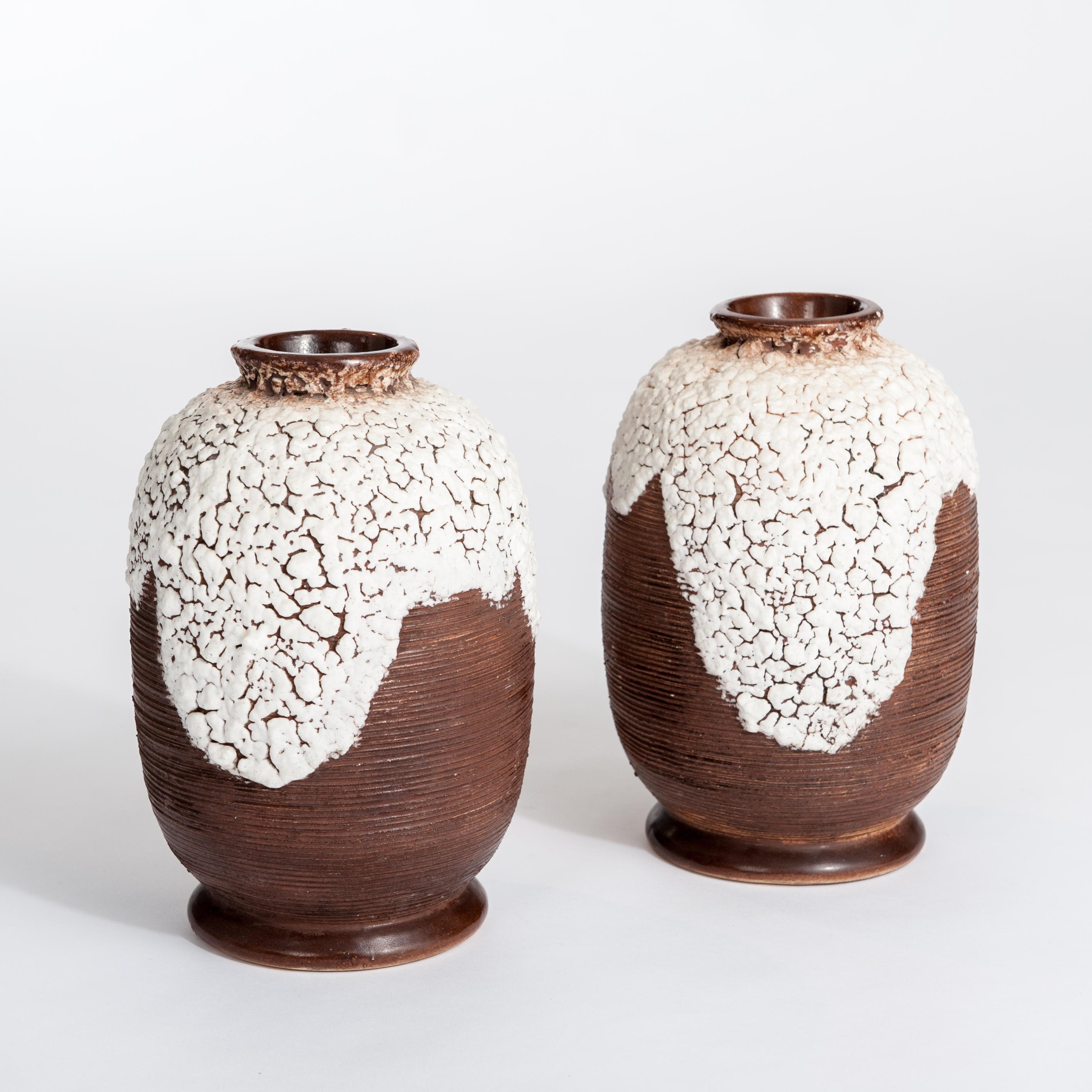 Hand-Crafted Pair of French Art Deco Ceramic Vases Brown-Offhwite by Louis Auguste Dage For Sale