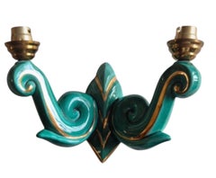 Pair of French Art Deco Ceramic Wall Sconces, Turquoise and Gold, circa 1930