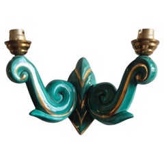 French Art Deco Ceramic Wall Sconces, Turquoise and Gold, circa 1930